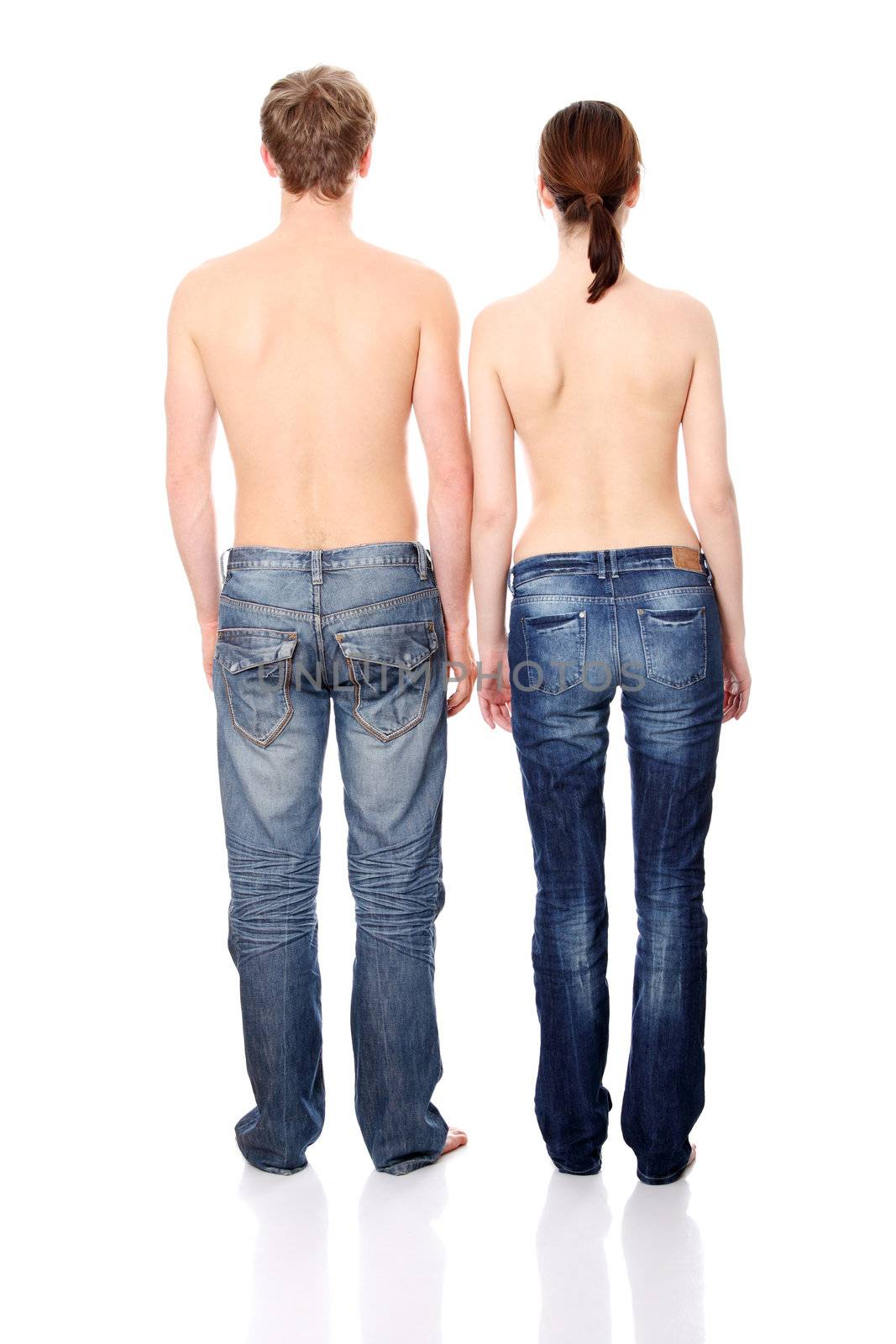 Zoung couple in jeans, isolated on white