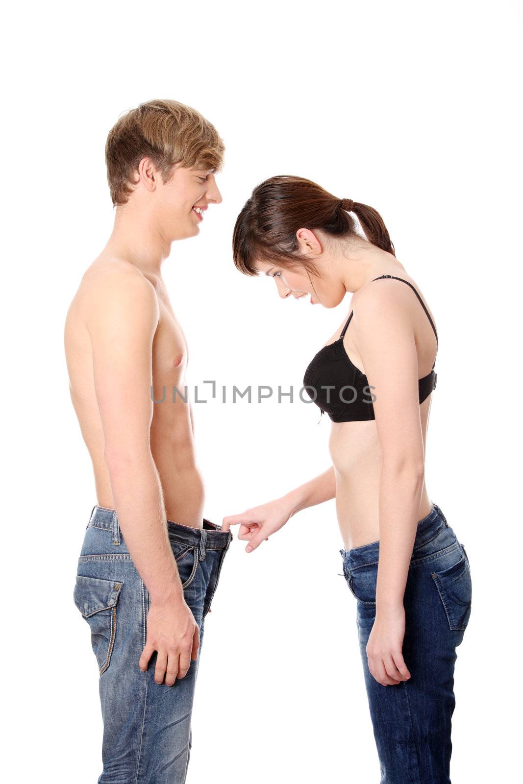 Girl looking in mens pants by BDS
