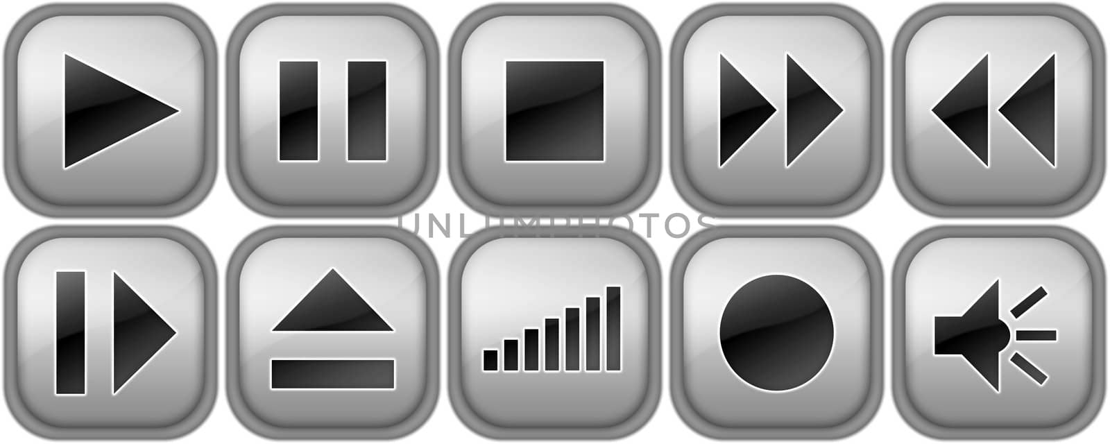 Set of silver buttons for music player