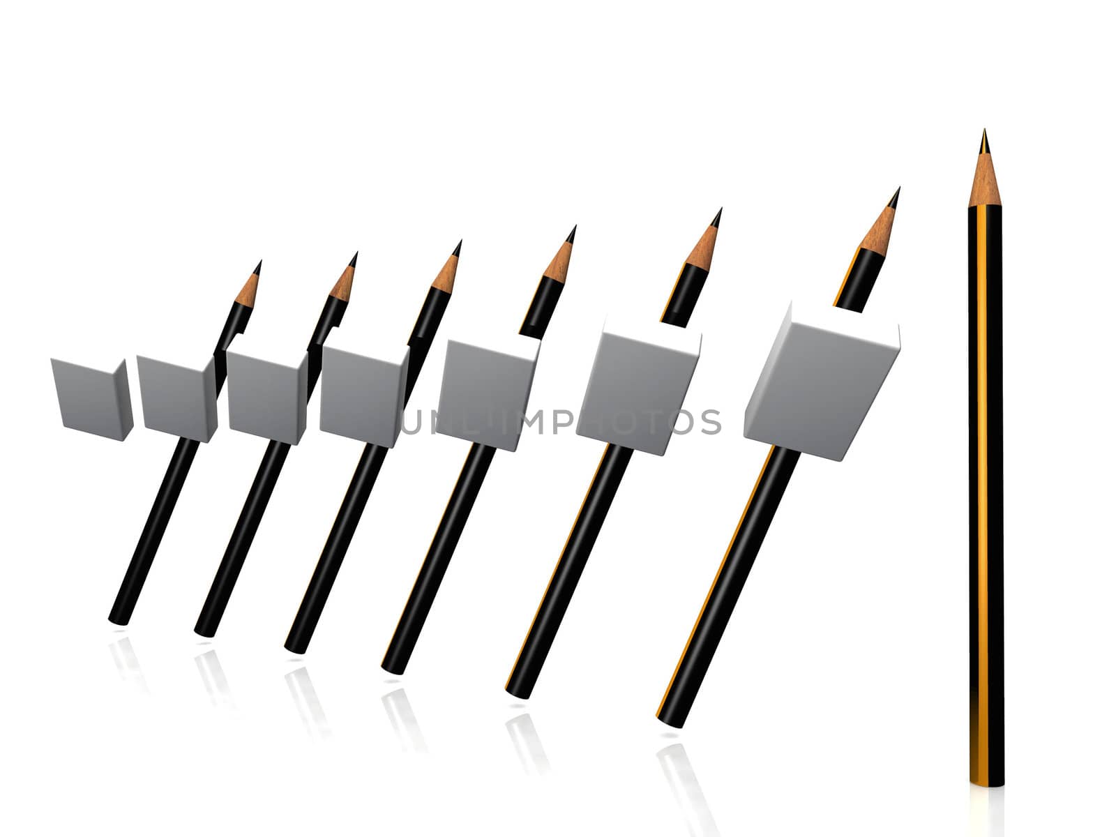 a line of pencils and erasers
