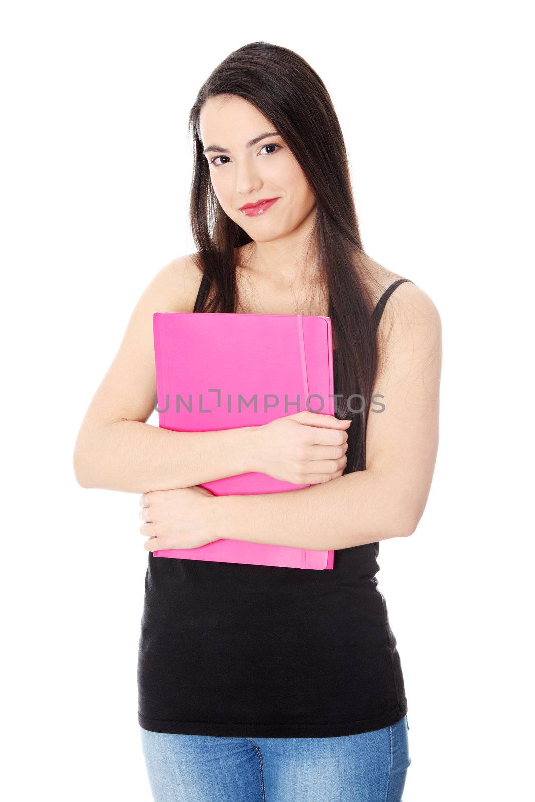 Young smiling student woman. Over white background