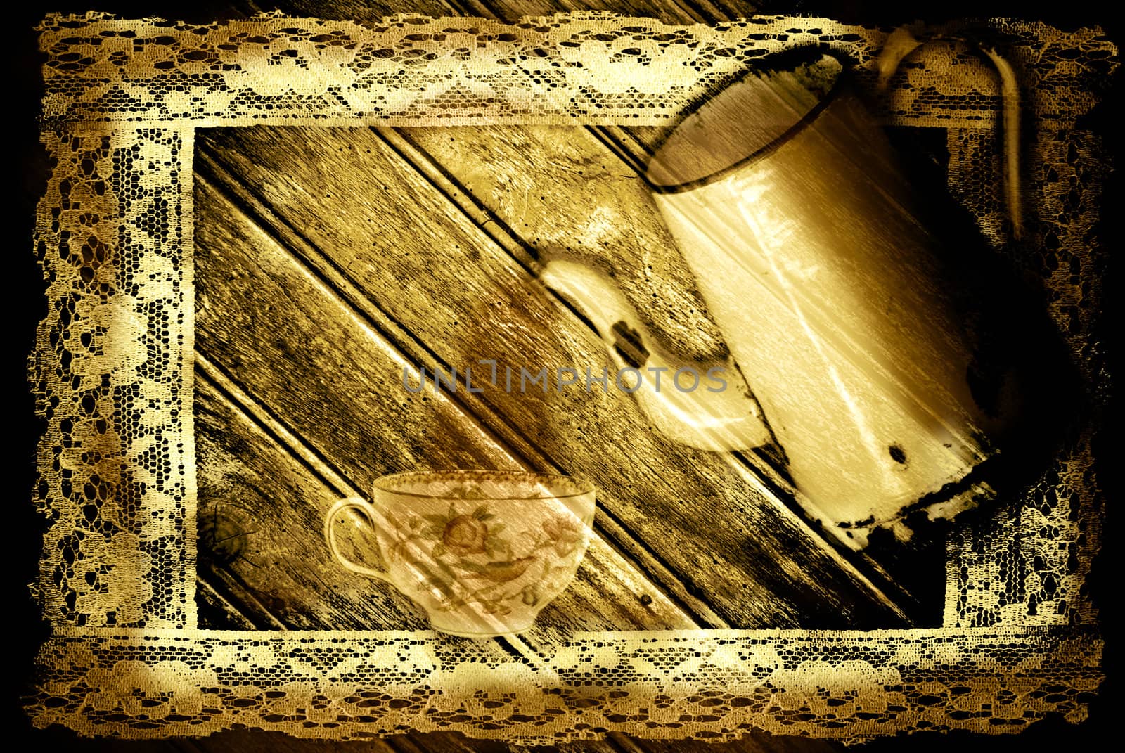 ancient coffee maker and cup of coffee in a  sepia tone