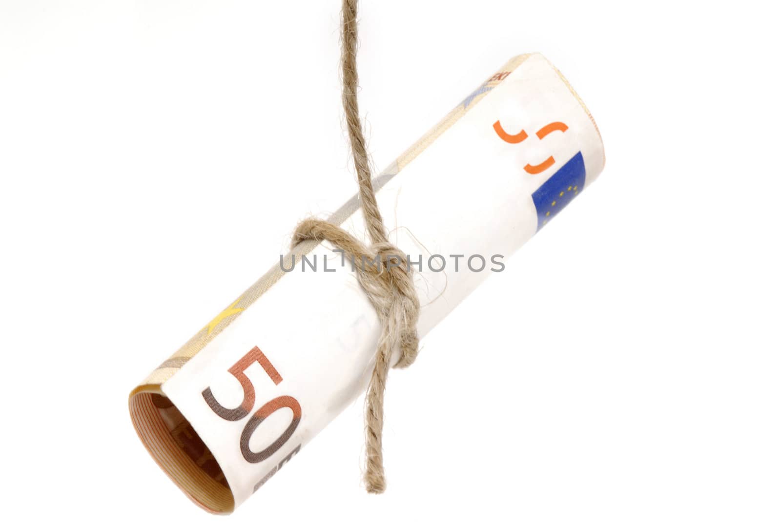  50 euro banknotes tied with a rope, isolated on white background 