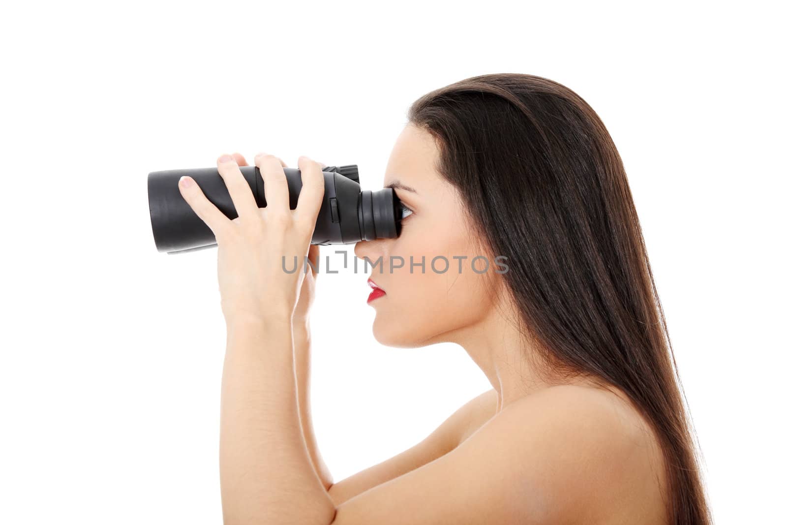 Young woman with binocular, isolated on white