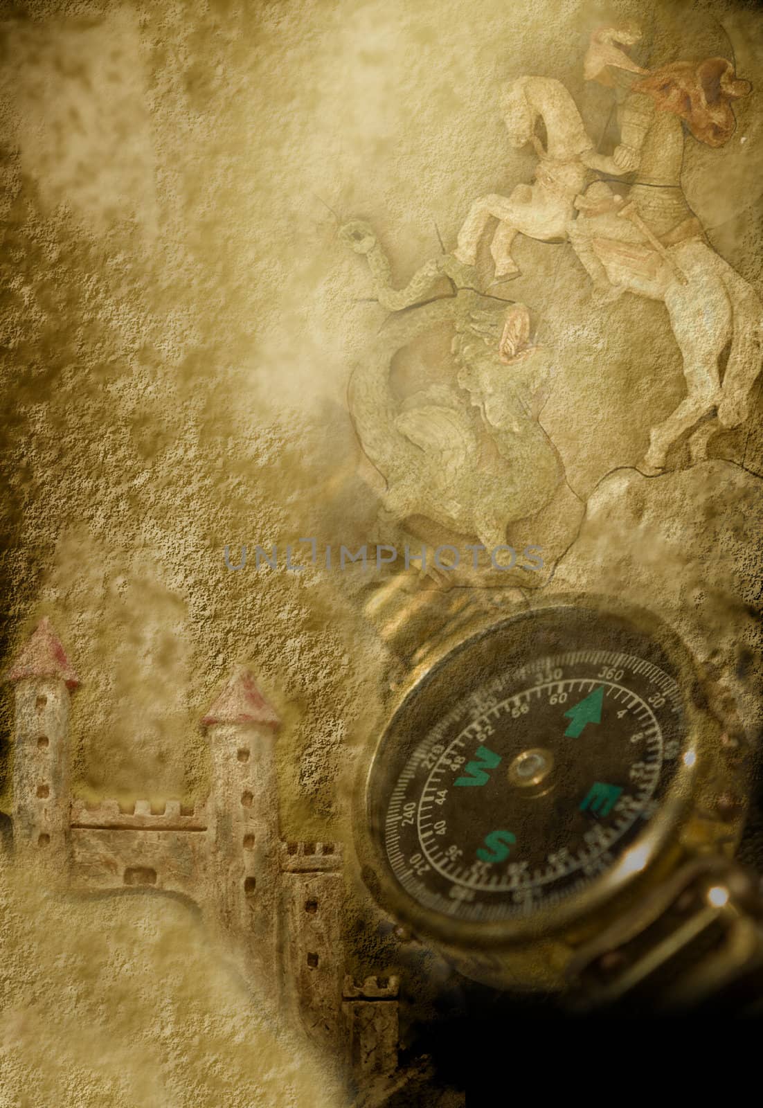 sepia parchment with compass, castles and medieval knight 