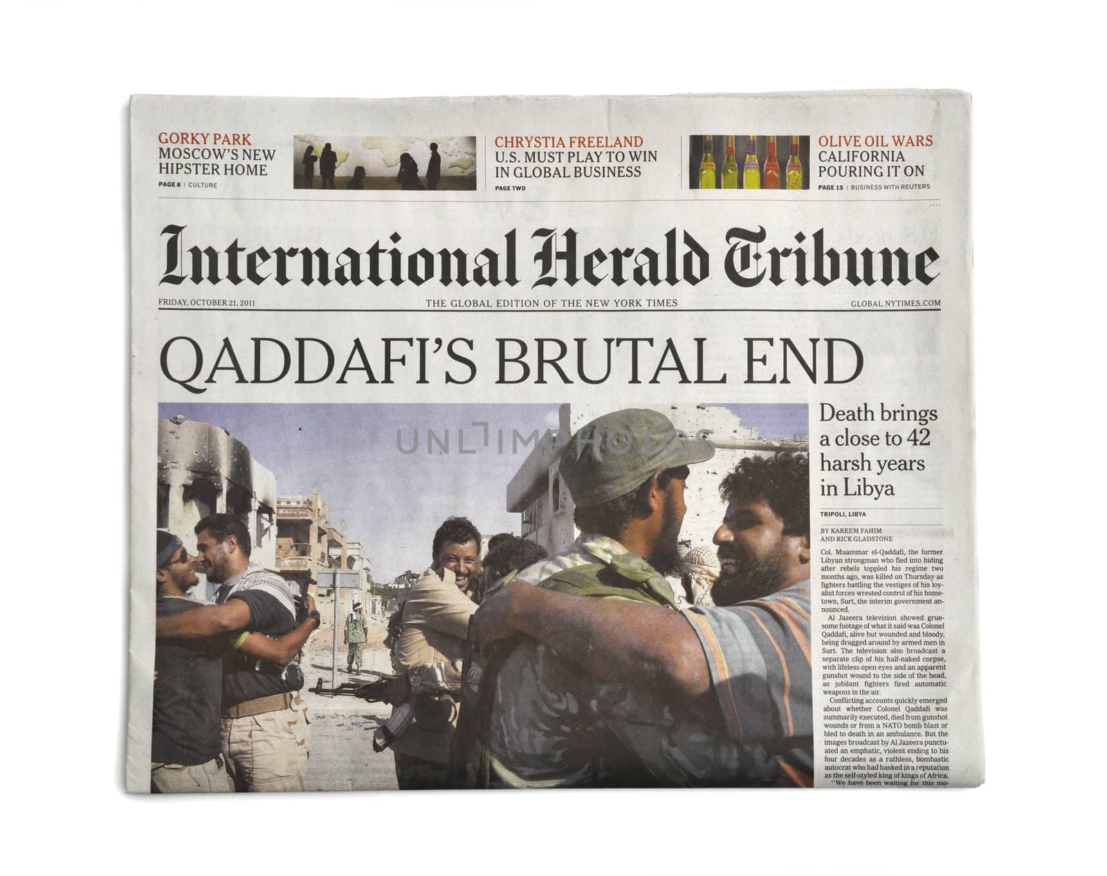 LONDON - OCTOBER 20: Gaddafi's death makes headlines in the press on October 20, 2011. Gaddafi was president of Libya for 42 years.