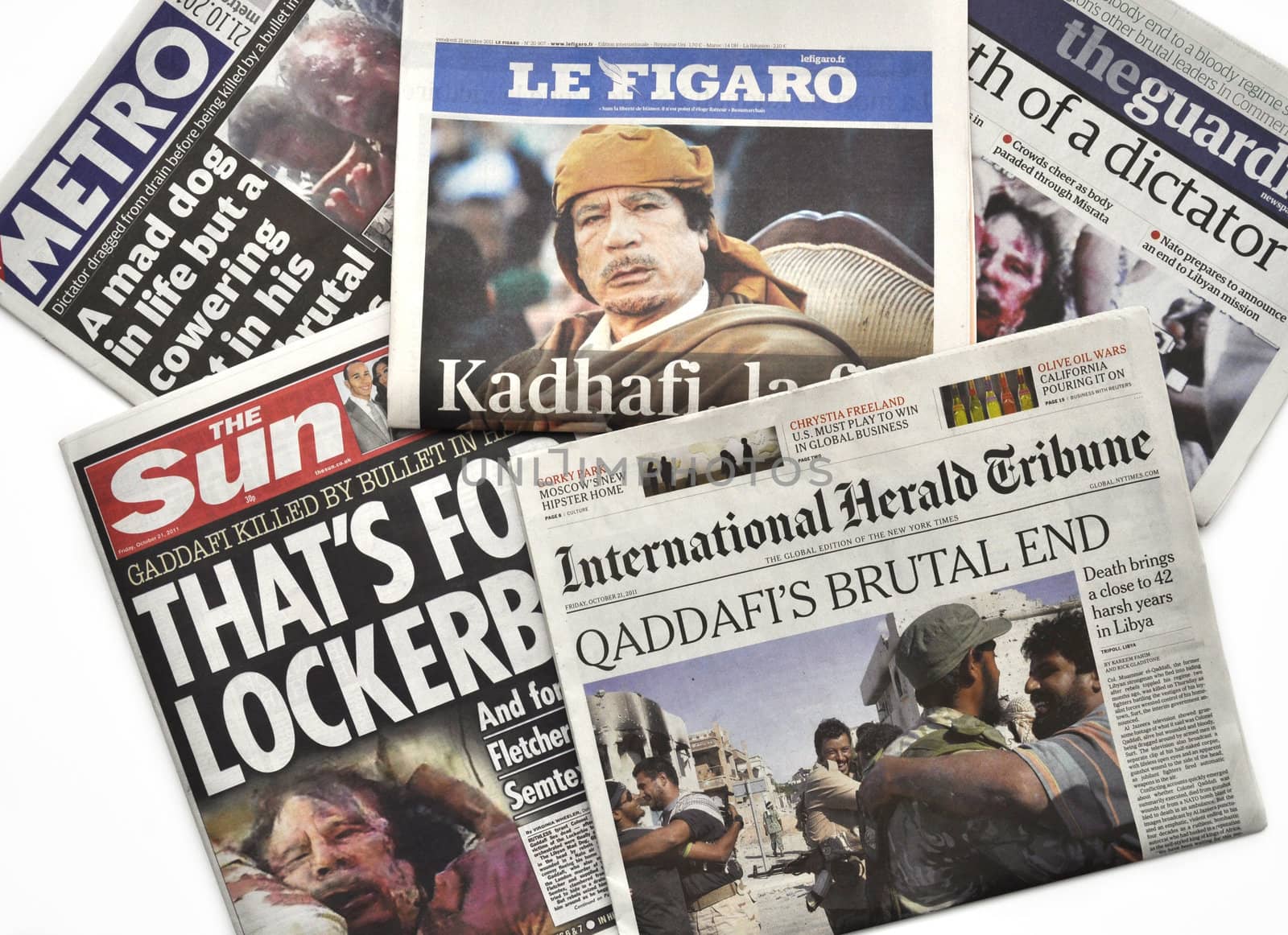 LONDON - OCTOBER 20: Gaddafi's death makes headlines in the press on October 20, 2011. Gaddafi was president of Libya for 42 years.