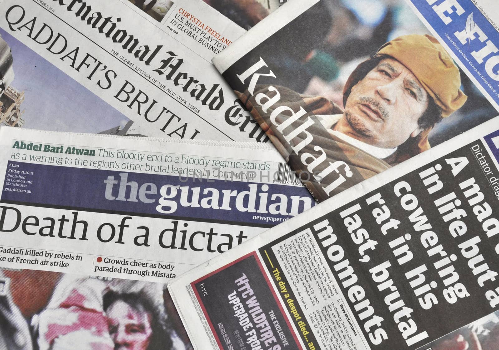 LONDON - OCTOBER 20: Gaddafi's death makes headlines in the press on October 20, 2011. Gaddafi was president of Libya for 42 years.