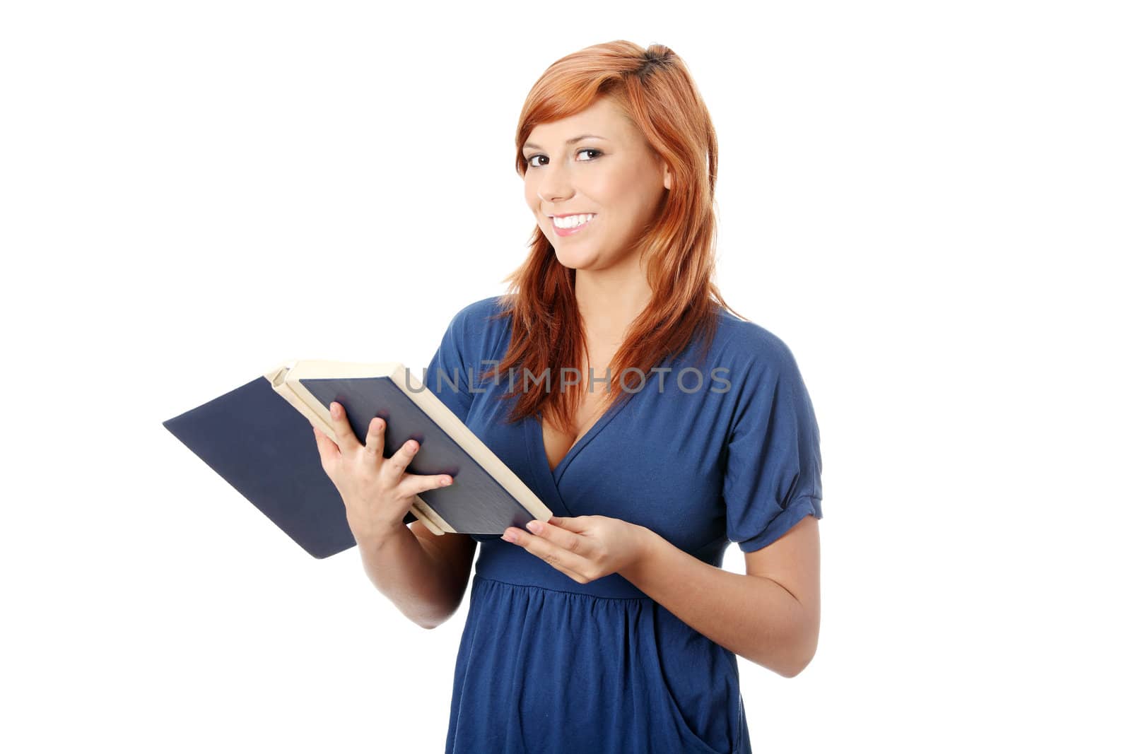 Young student woman reading book by BDS