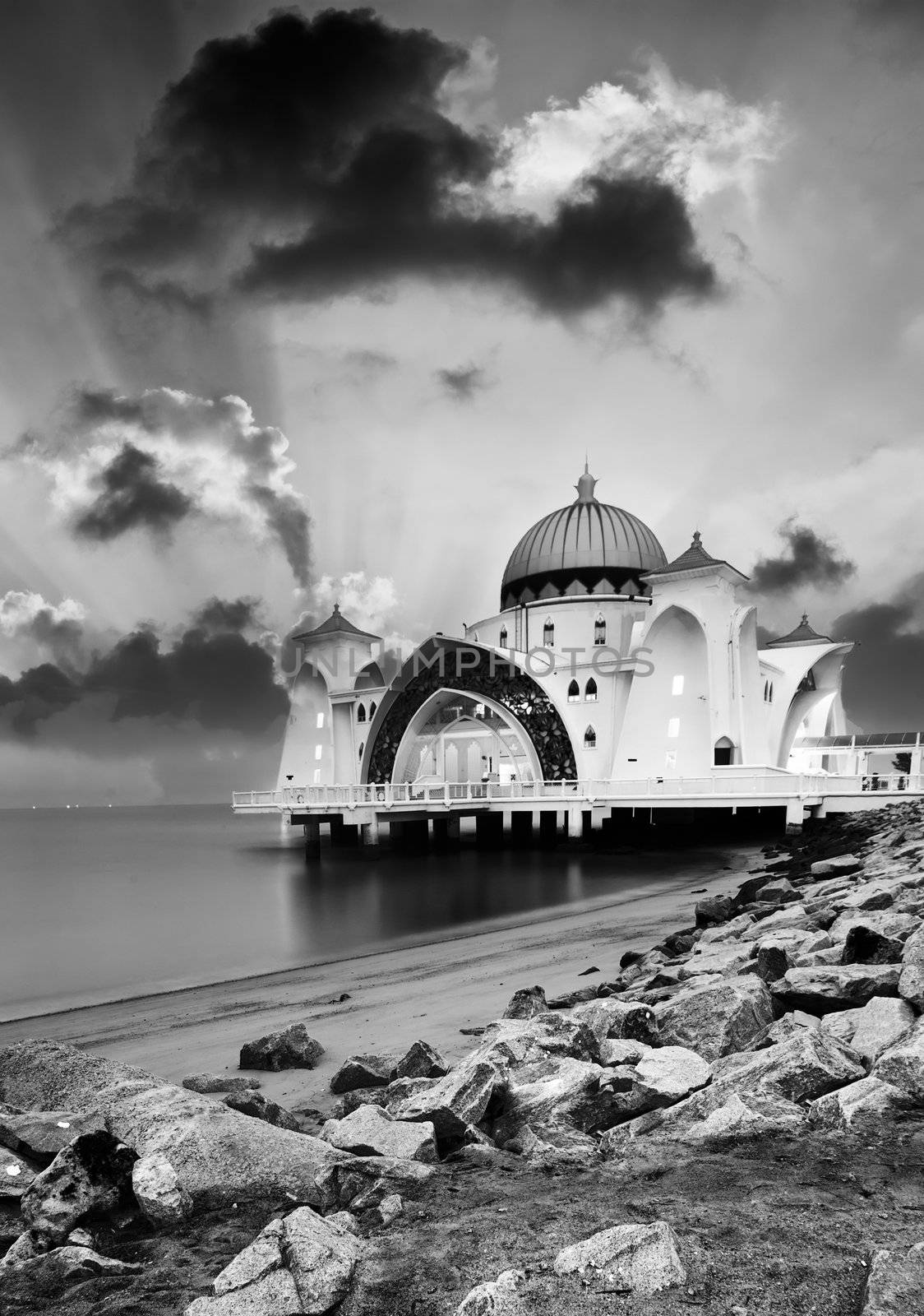 Landscape of beach wit floating mosque on water in Malacca, Malaysia, Asia.