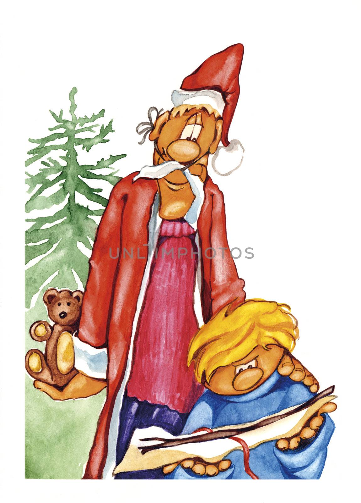humorous illustration of santa claus and boy