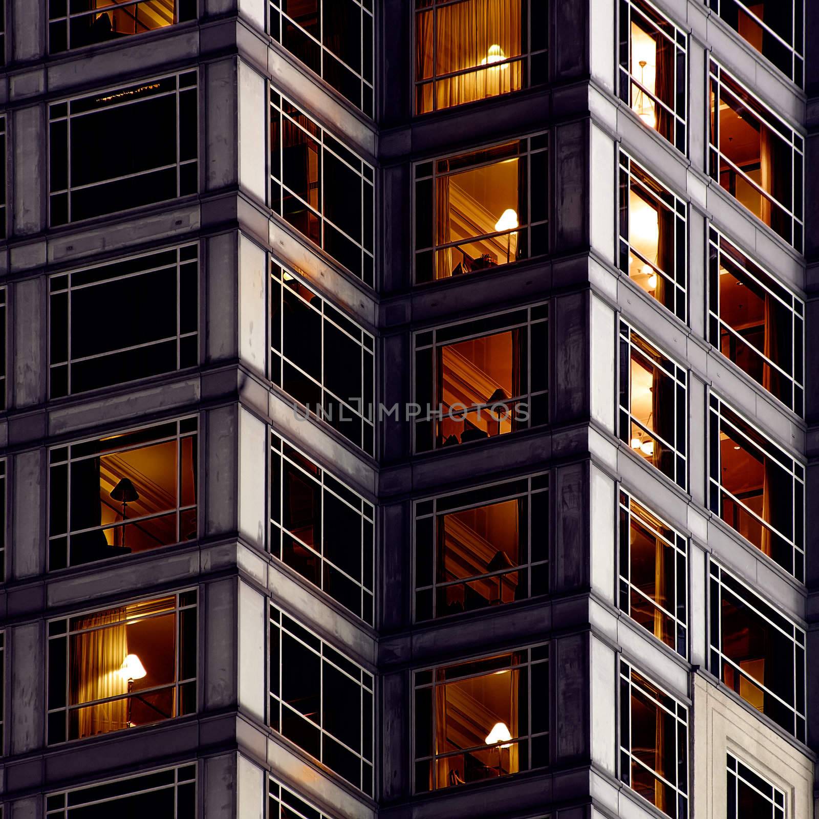 Architecture background of apartment in outside in night.