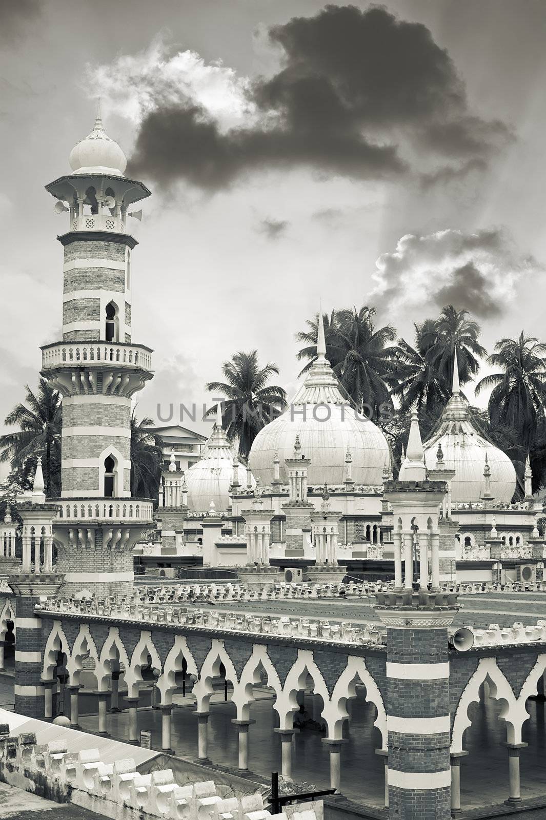 Mosque scenery with famous KL landmark, Masjid Jamek, in Kuala Lumpur, Malaysia, Asia.