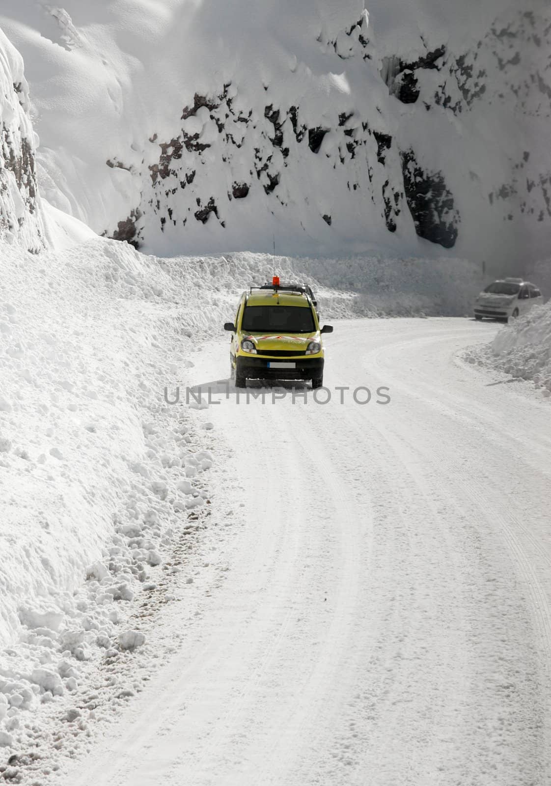 Hard driving condition on mountain road in winter