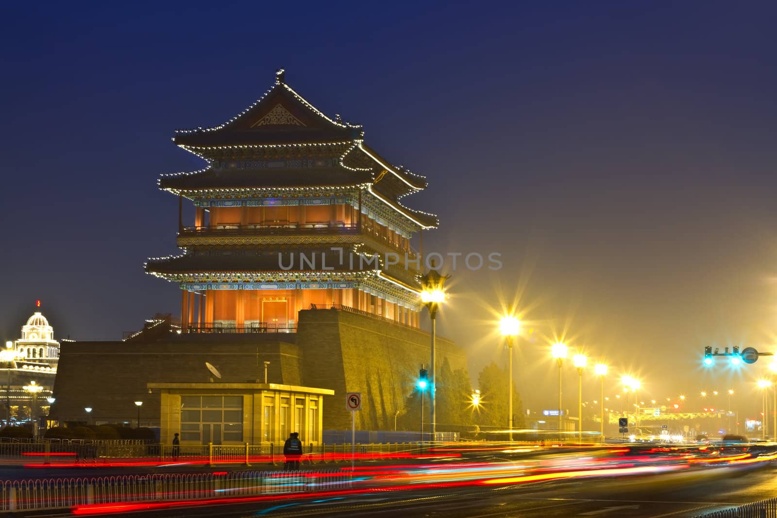 Night scene of ancient tower, qianmen, forbidden city