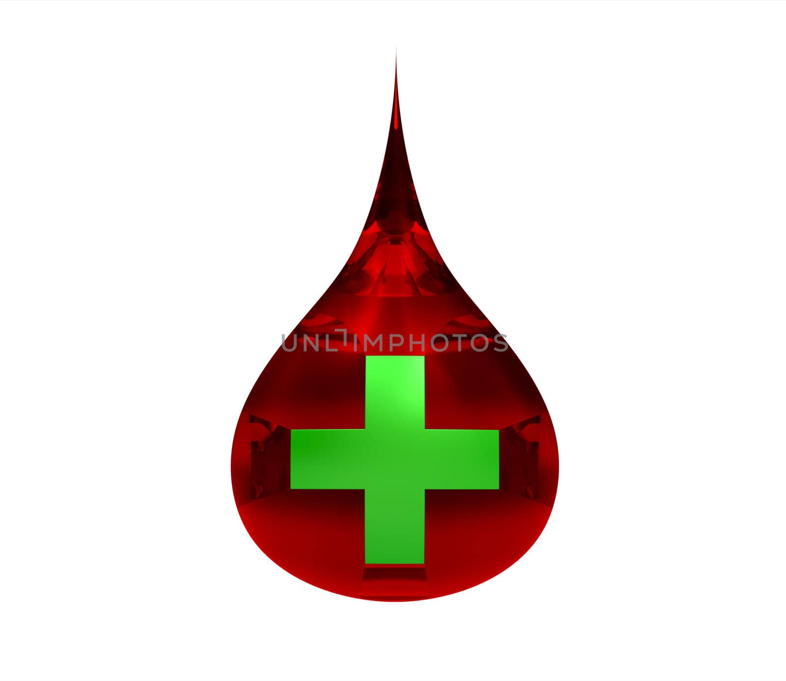 Blood drop with green cross isolated on white 3d render