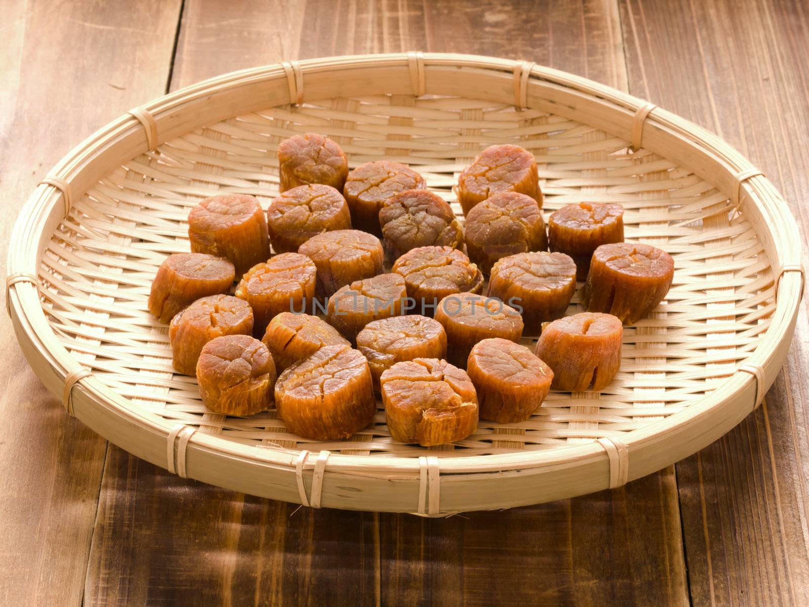 close up of a basket of dried scallops