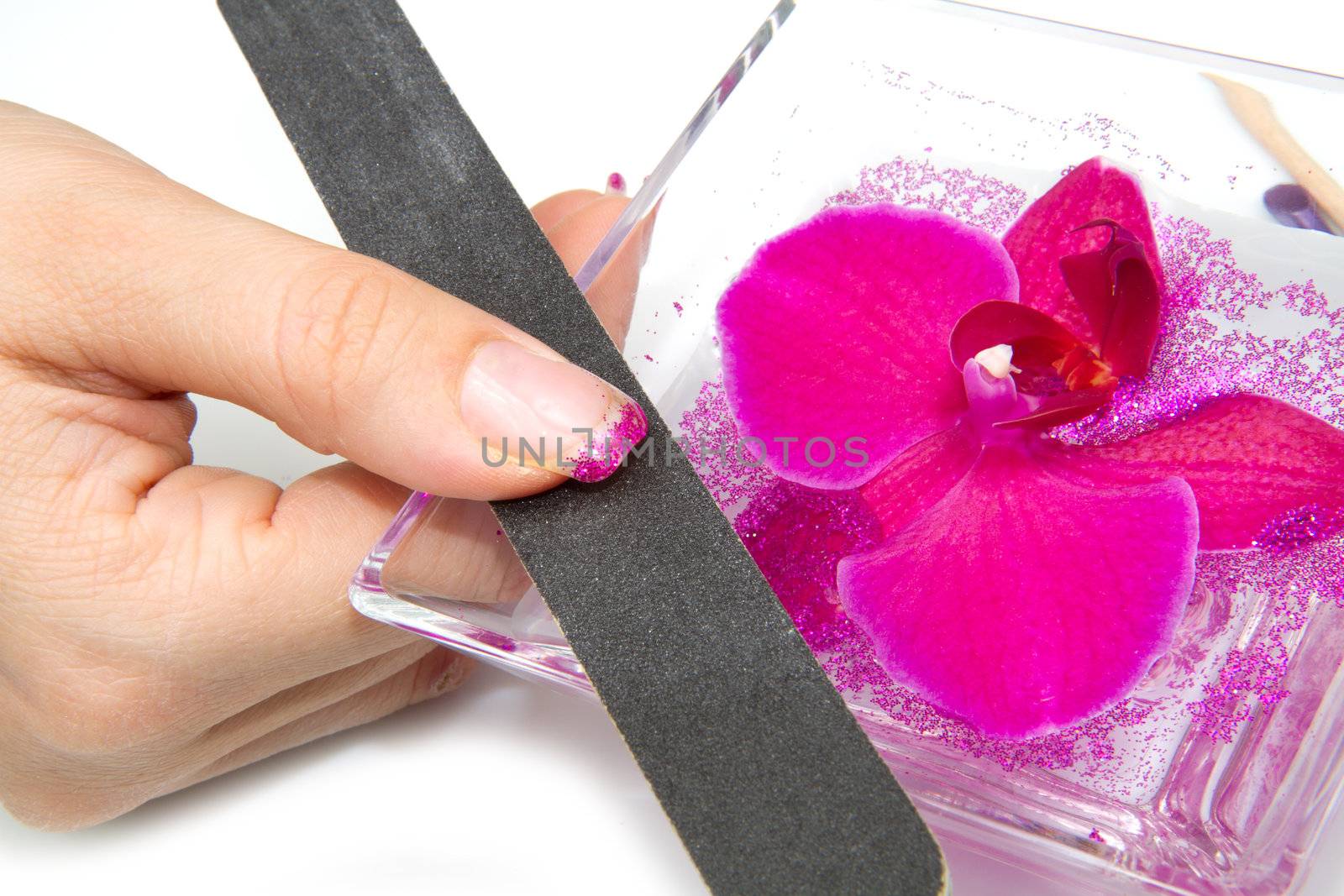 Beautiful hands with pink manicure holding purple orchid 