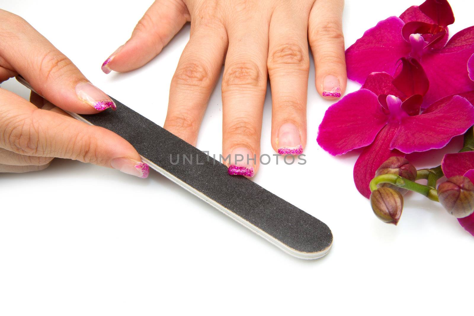 Beautiful hands with pink manicure holding purple orchid 