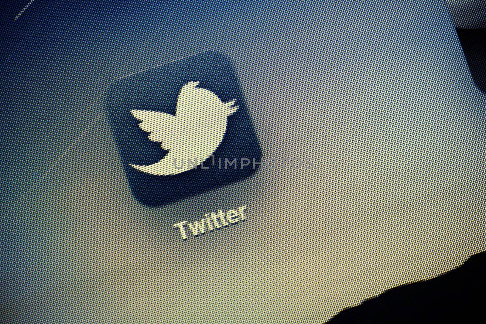 Kiev, Ukraine - October 15, 2011: Macro shot of Twitter logo on the screen of Apple Ipad2. Twitter is one of the most used social networks to exchange short messages.