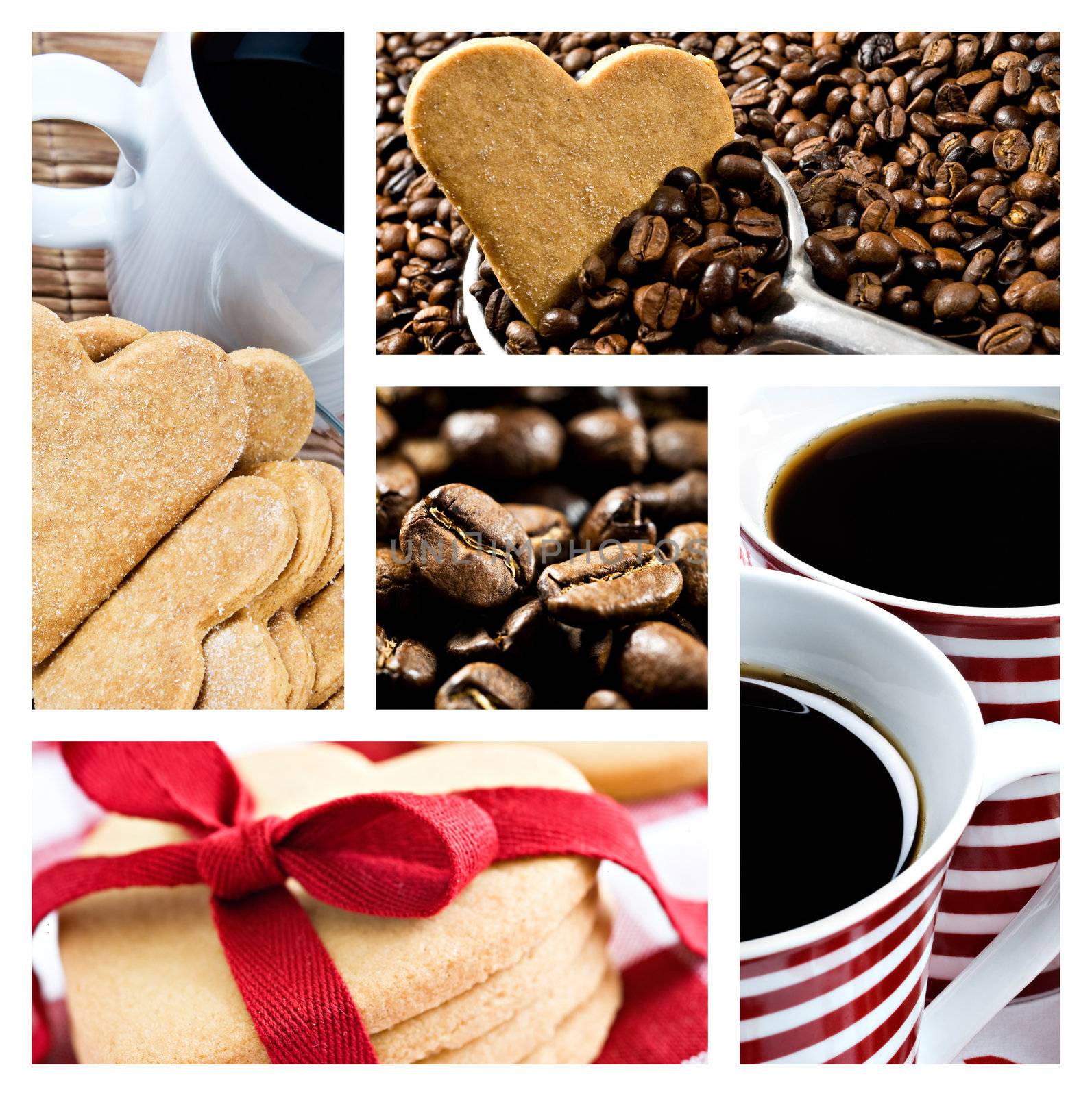 Collage of coffee and heart shaped cookies