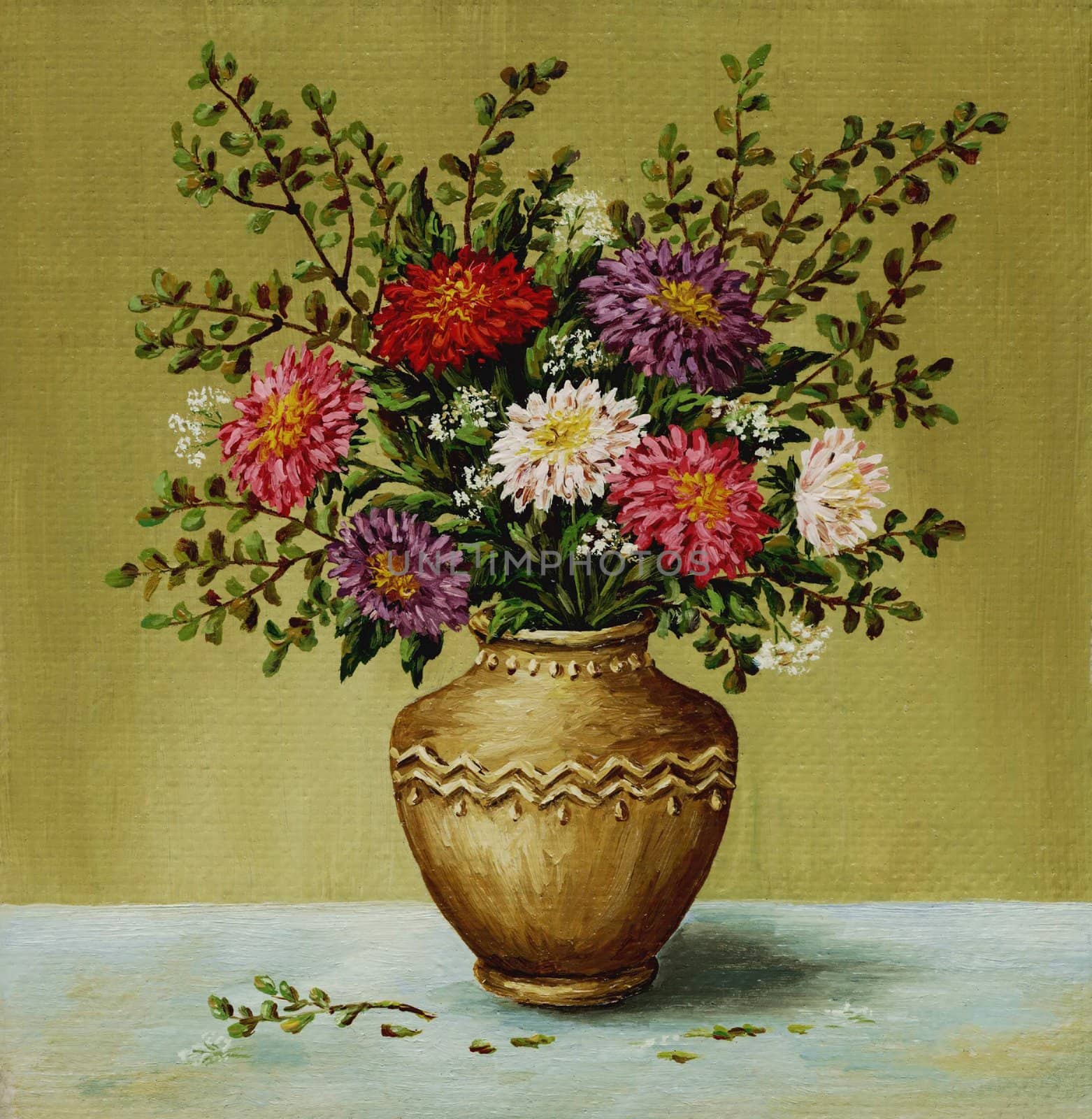 Picture oil paints on a canvas: a bouquet asters in a clay amphora