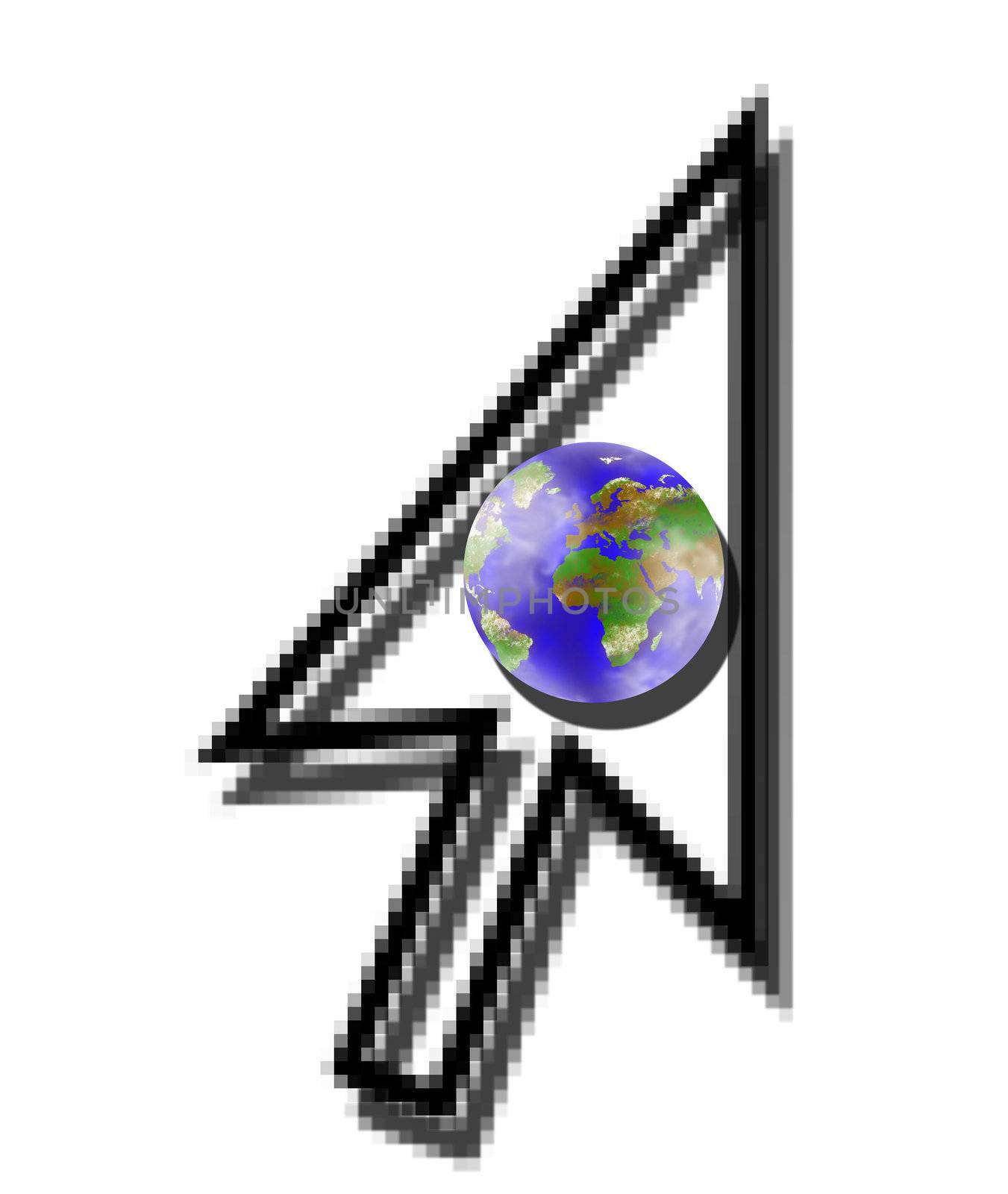 illustration of mouse cursor with planet earth inside