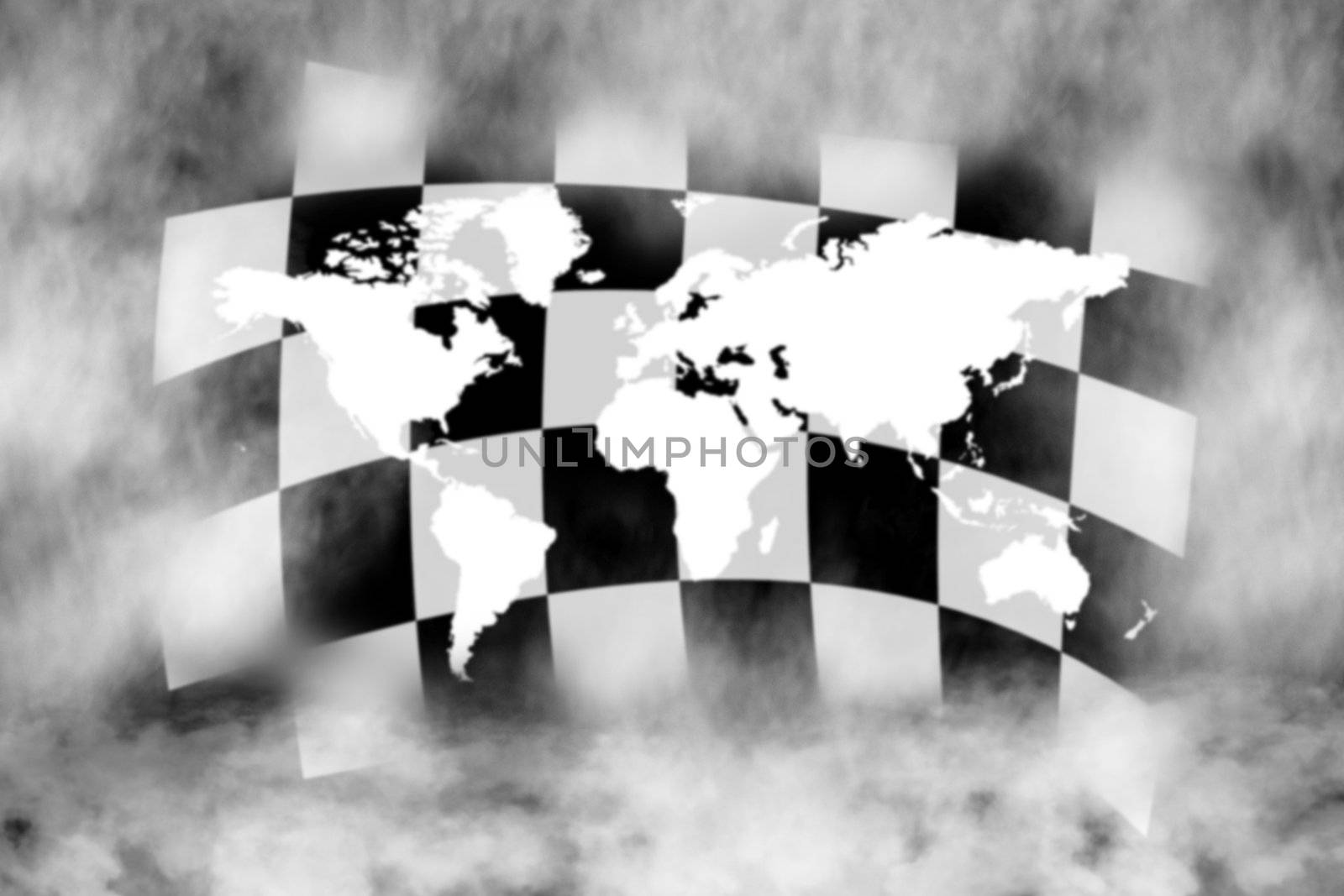 chechered race flag and world in the smoke