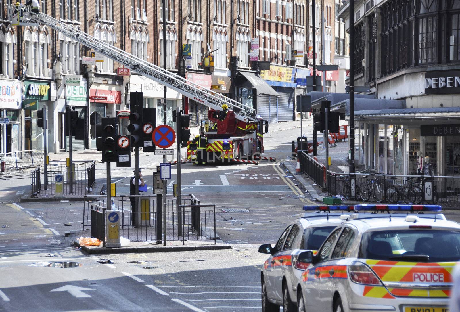 LONDON - AUGUST 09: Clapham Junction area is sacked after the third night of riots, on August 09, 2011 in London. Riots start spreading in London after Mark Duggan was shot dead by the police.