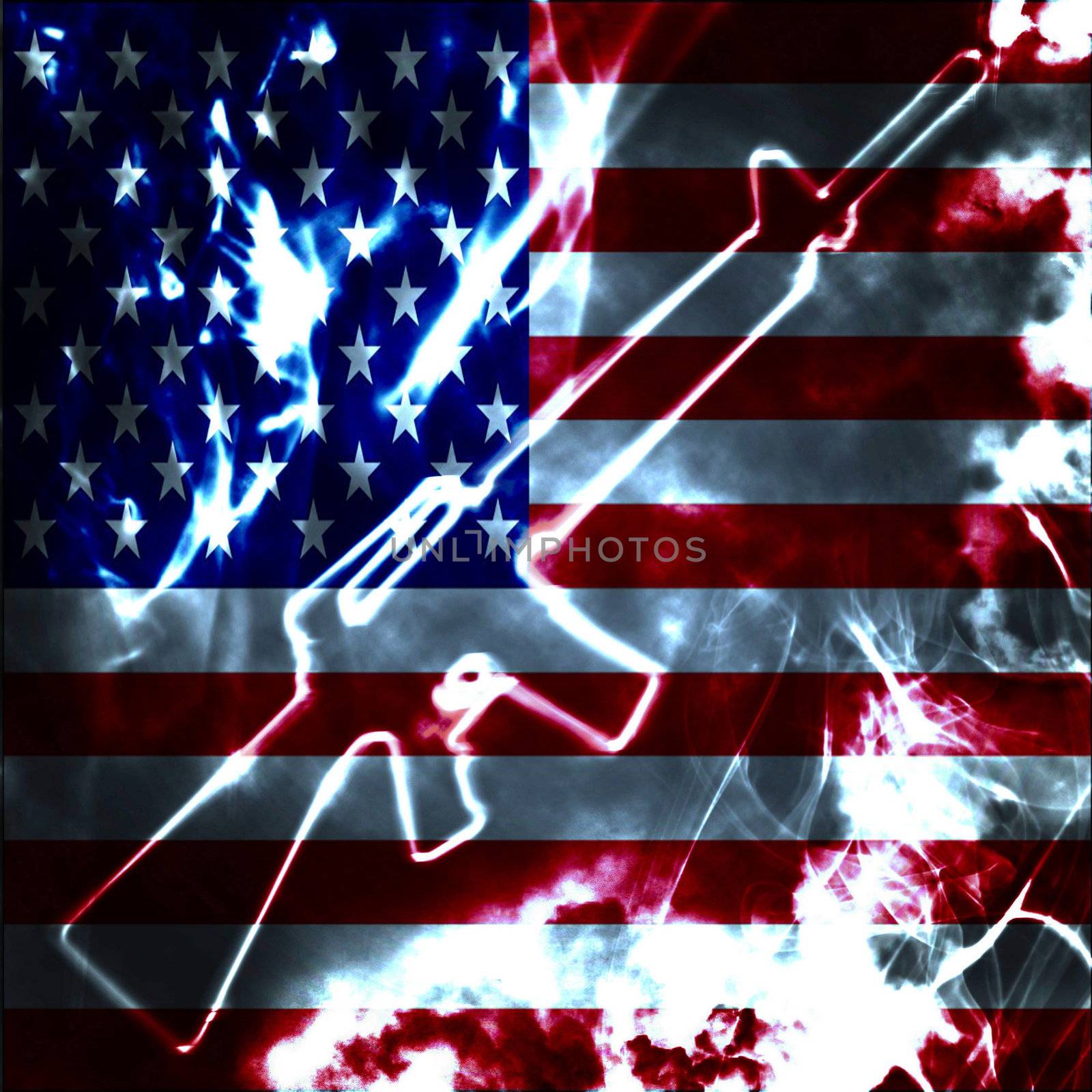 illustartion of automatic gun in the smoke and usa flag