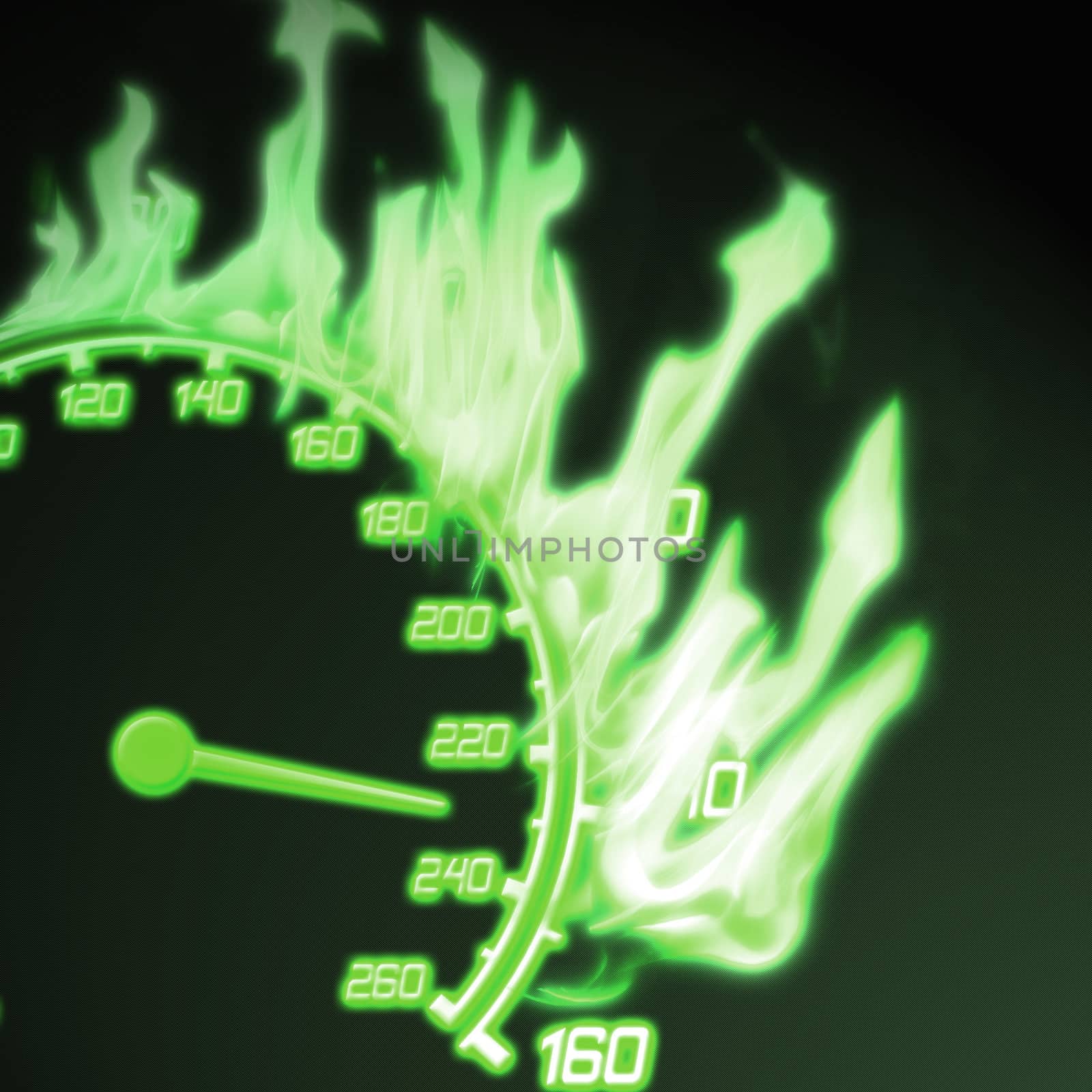 illustration of green speedometer on fire