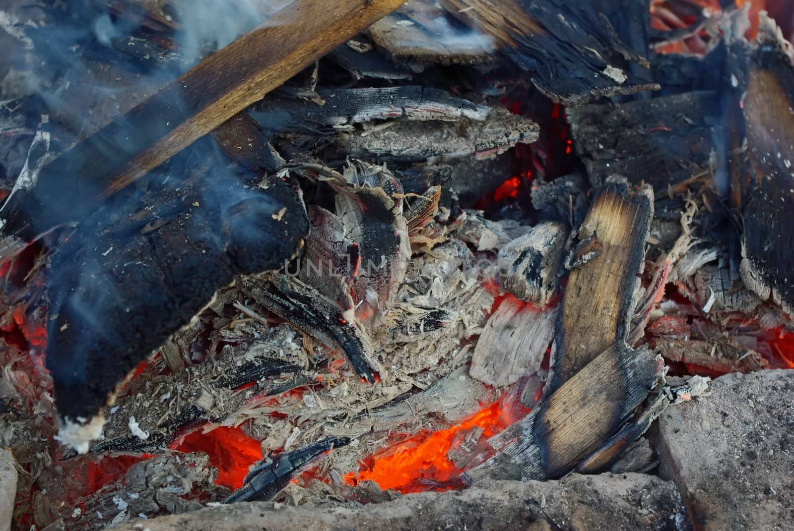 Close-up photograph of hot burning embers and ash