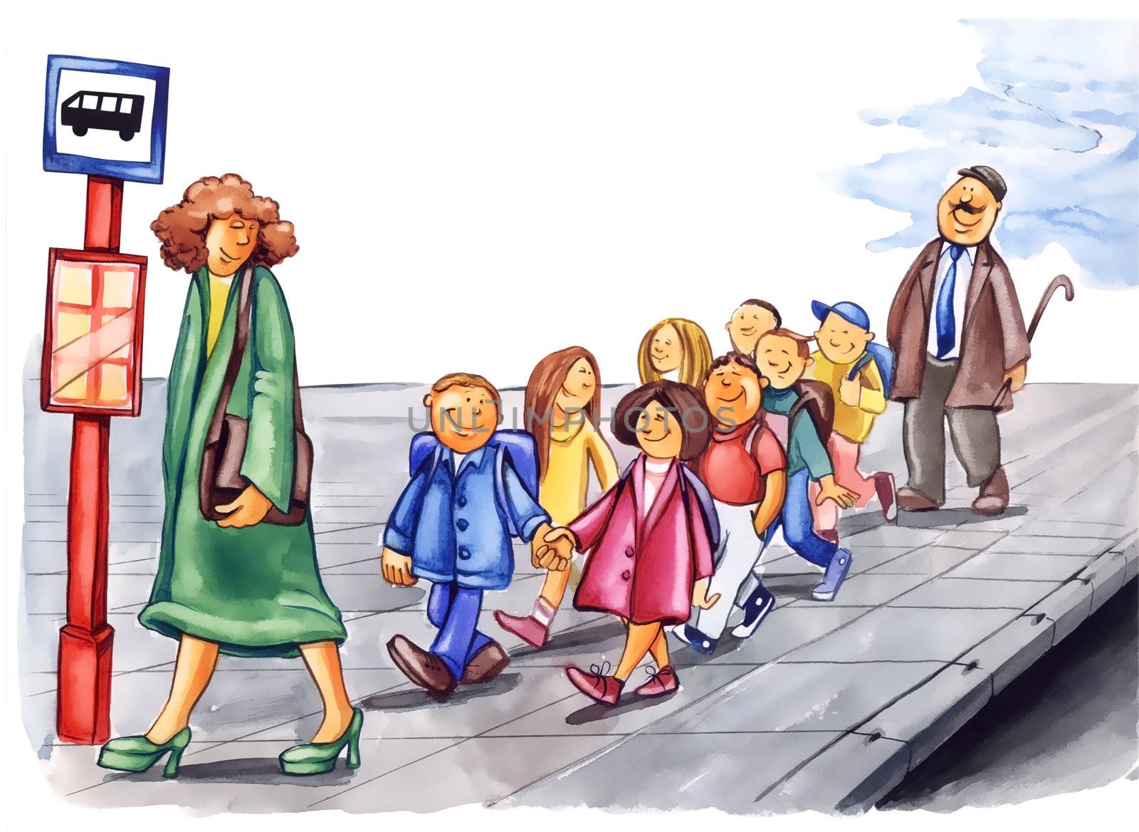 painting illustration of polite children on bus stop