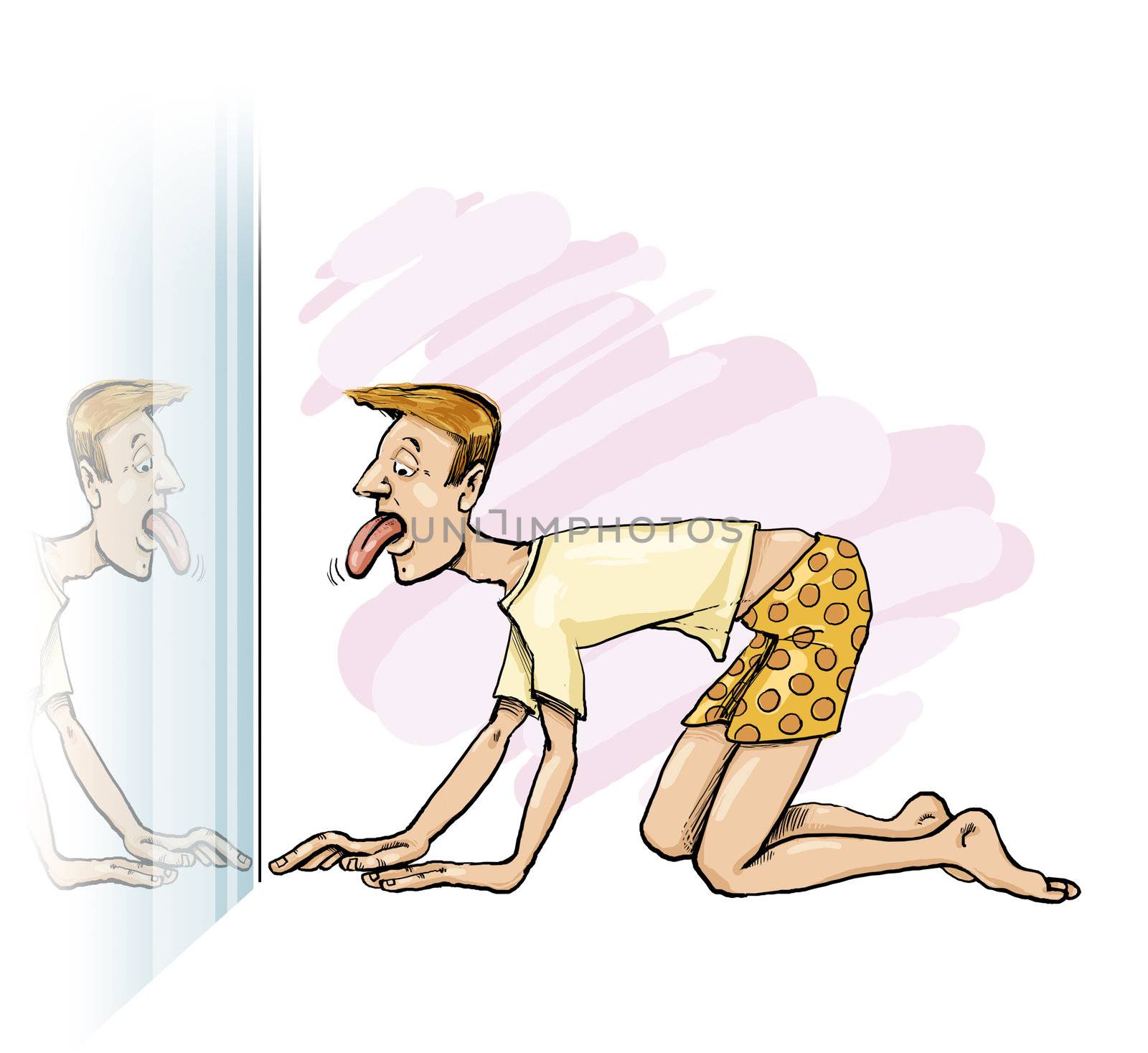 humorous illustration of man looking at his tongue in the mirror