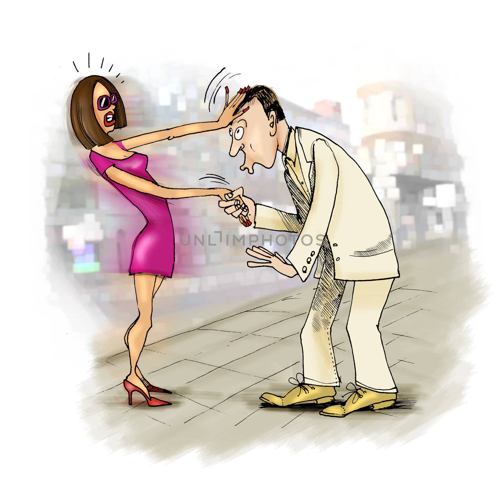 humorous illustration of man trying to kiss woman on a hand