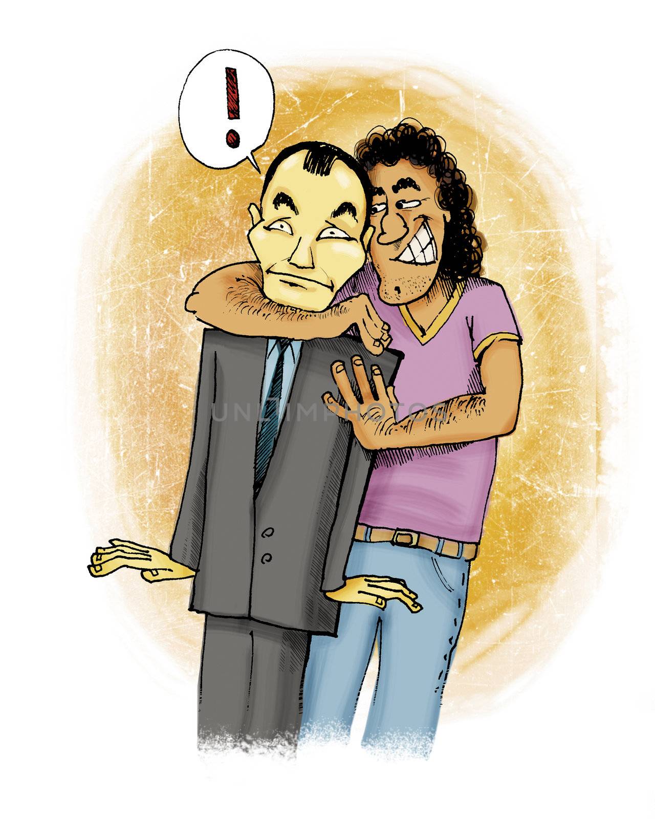 humorous illustration of italian guy giving a hug to Japanese