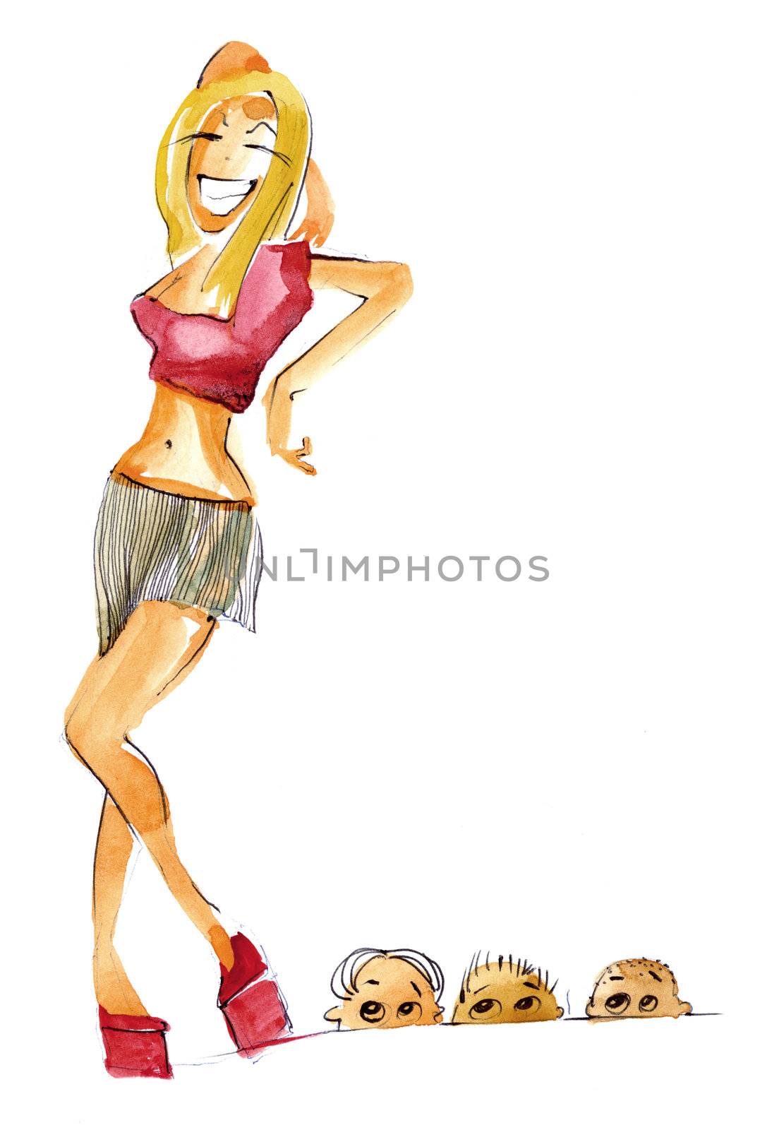 illustration of pretty girl and shy boys