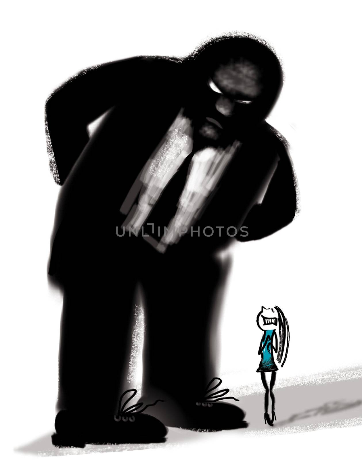 humorous illustration of bad boss and frightened woman