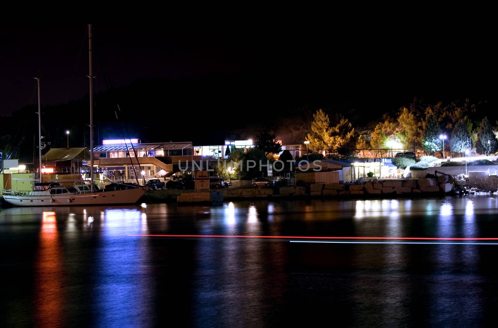 Night photo of a small Croatian marina 