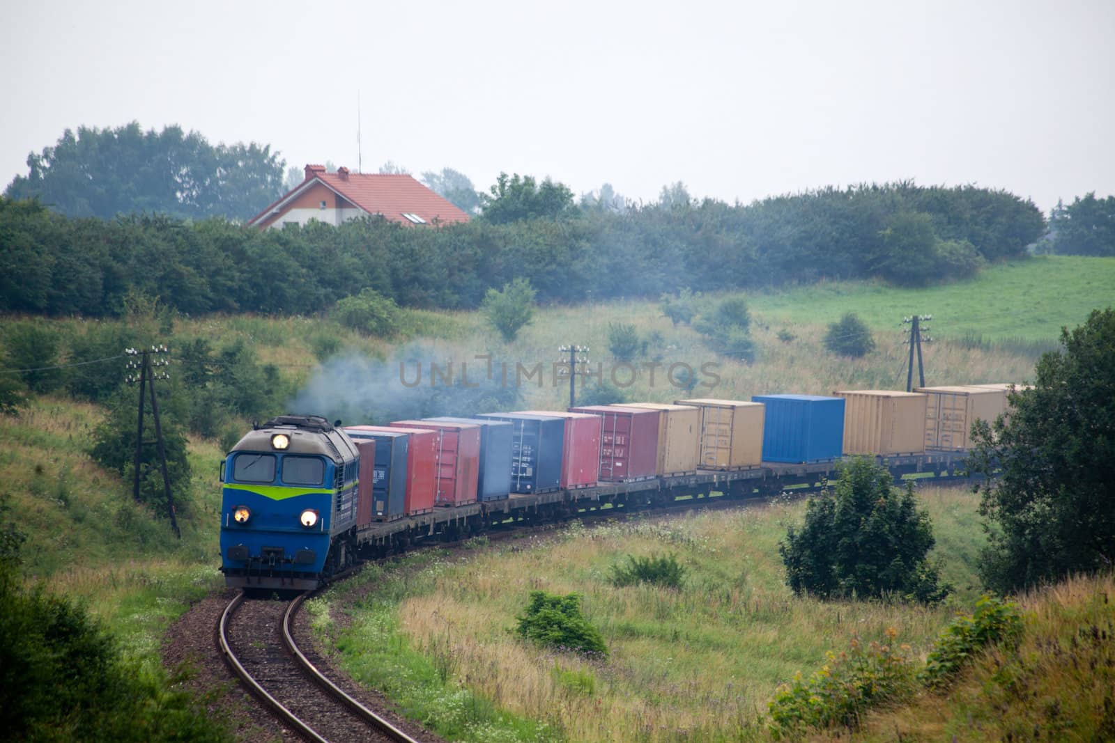 Rural landscape with the container train passing through countryside
