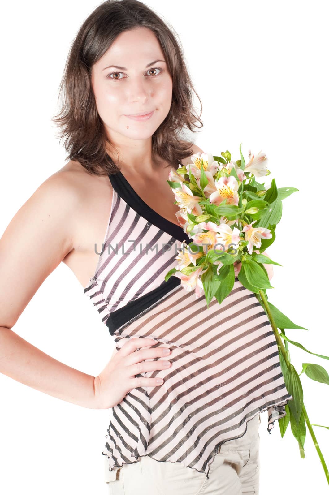 Portrait of pretty pregnant woman with flowers isolated on white