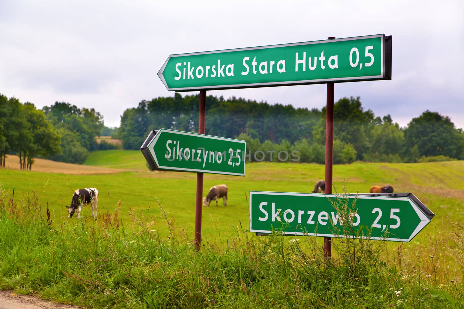 Sign with village directions at Polish countryside
