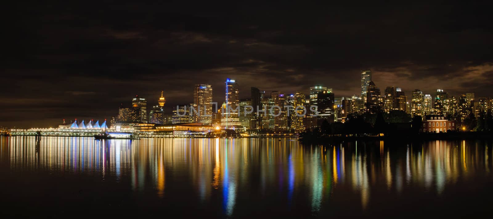 Vancouver BC Downtown City Skyline Along Waterfront at Night Panorama