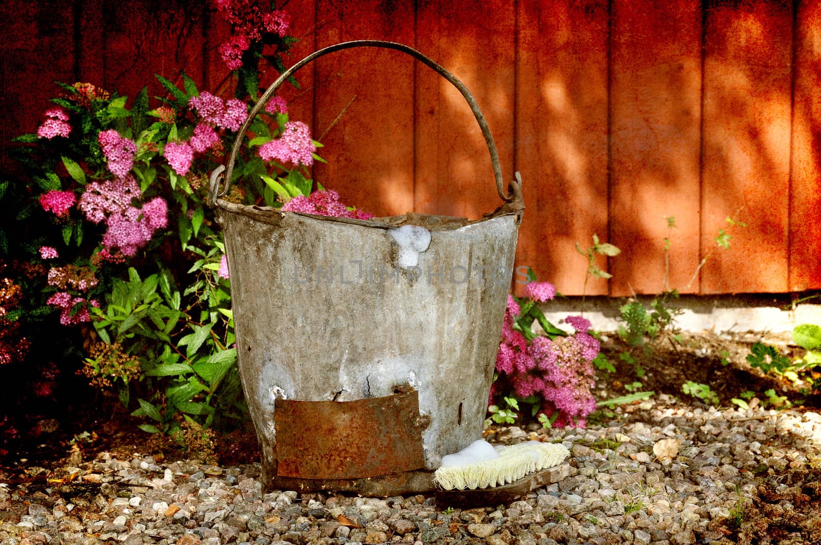 Vintage wash bucket with brush.