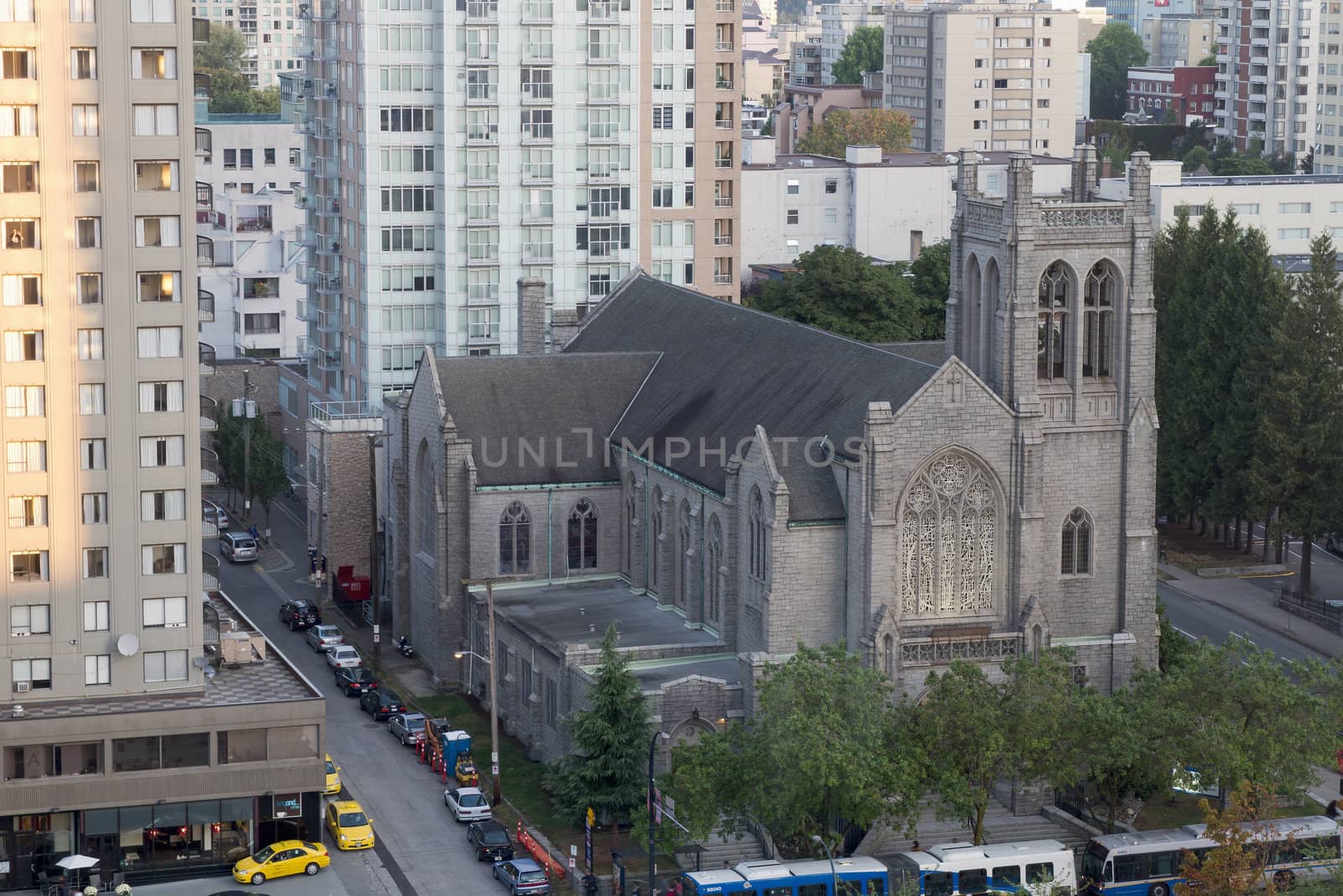 Saint Andrew Wesley United Church in Busy Vancouver BC City Downtown