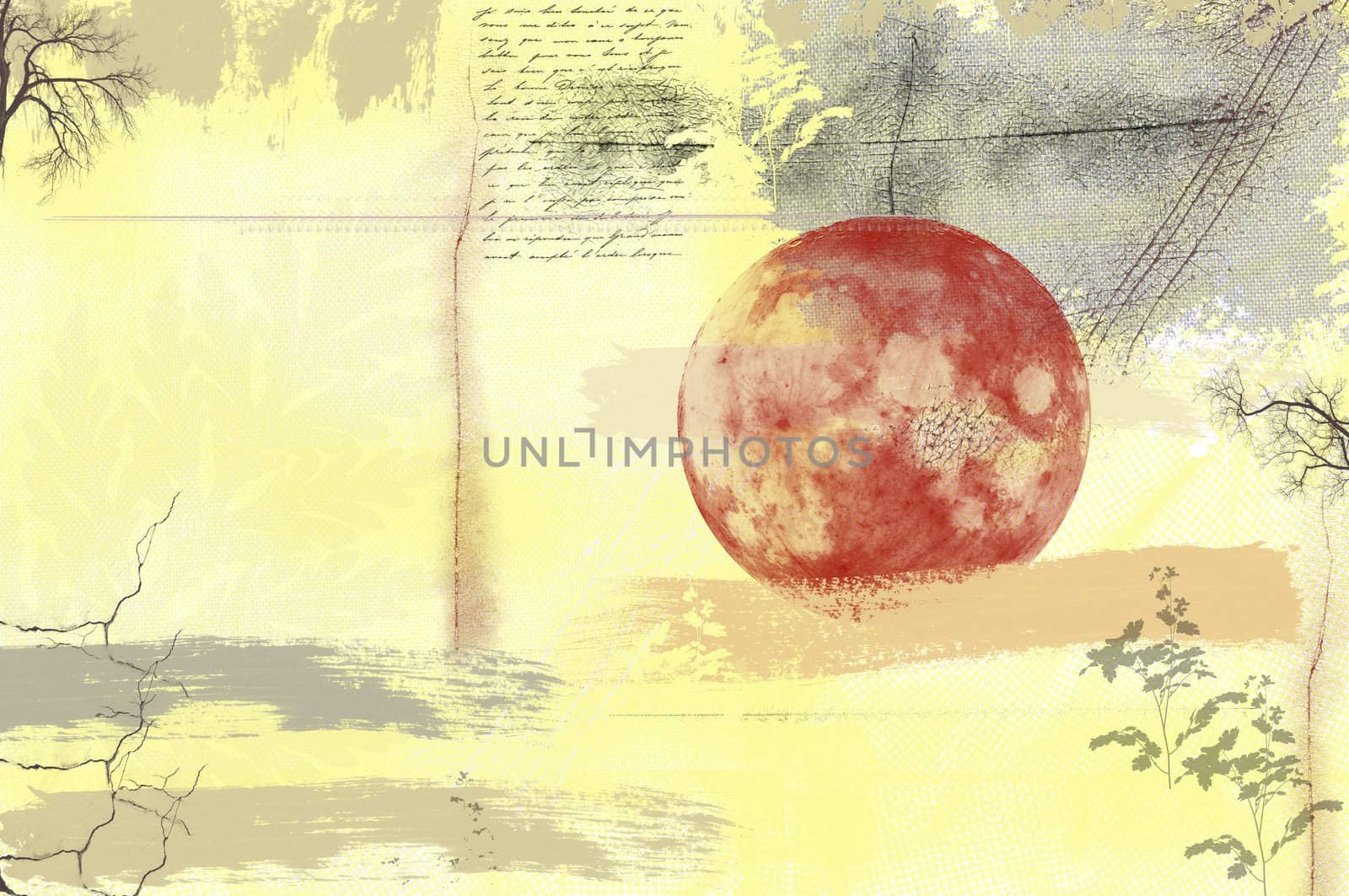 Montage with lyrics, a red moon, and brush strokes on vintage background.