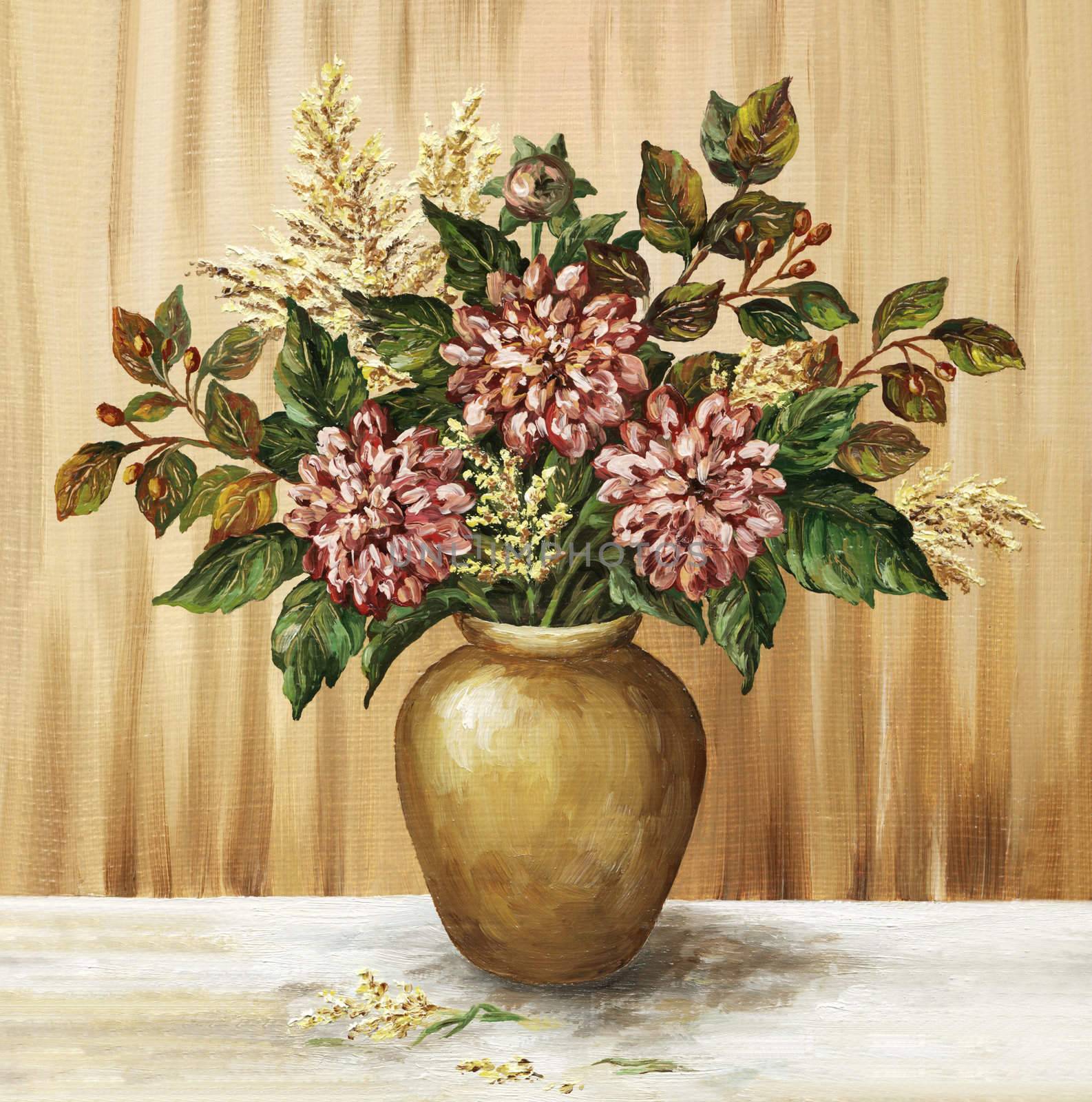 Picture oil paints on a canvas: a bouquet of dahlias in a clay pot