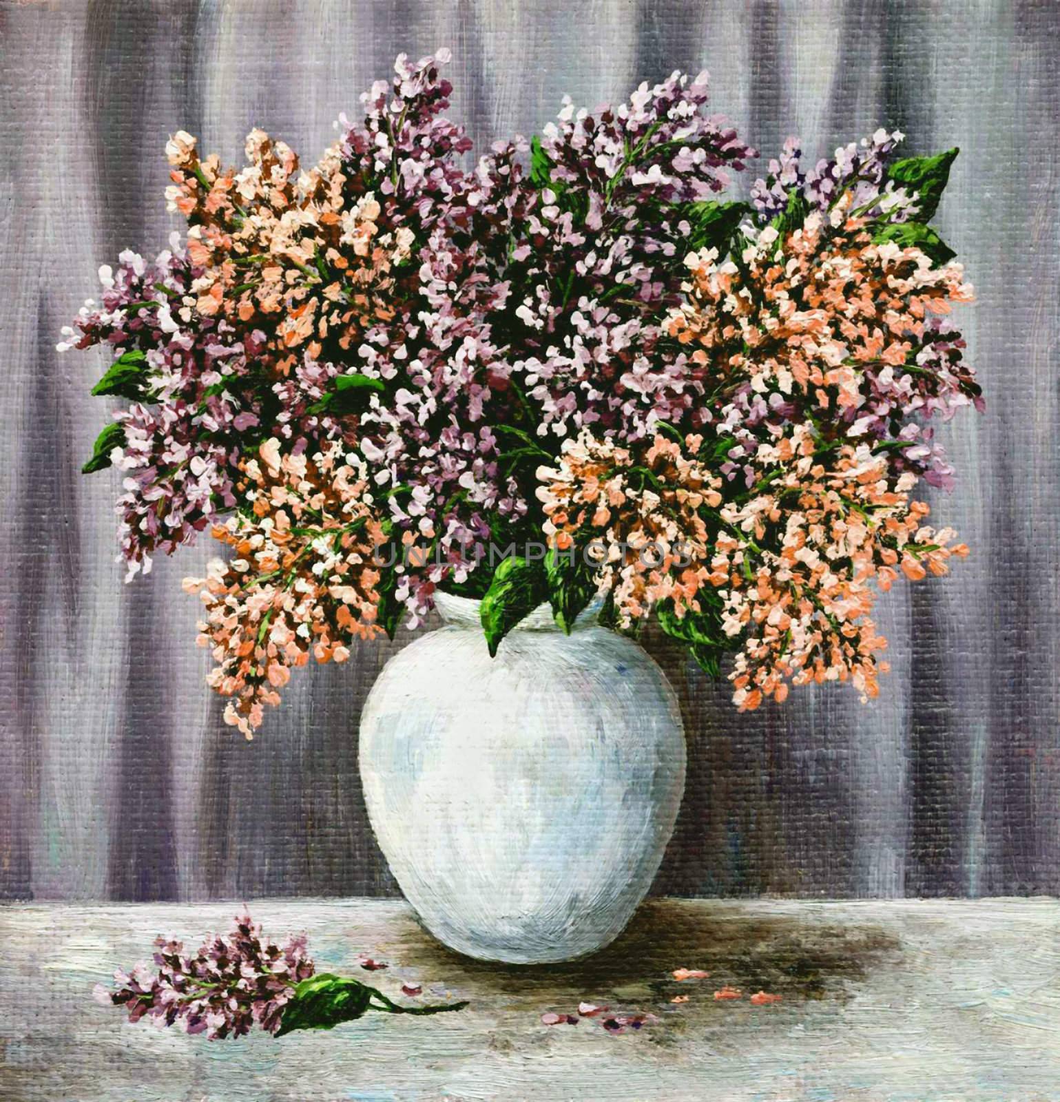 Picture oil paints on a canvas: a bouquet of lilac in a white amphora