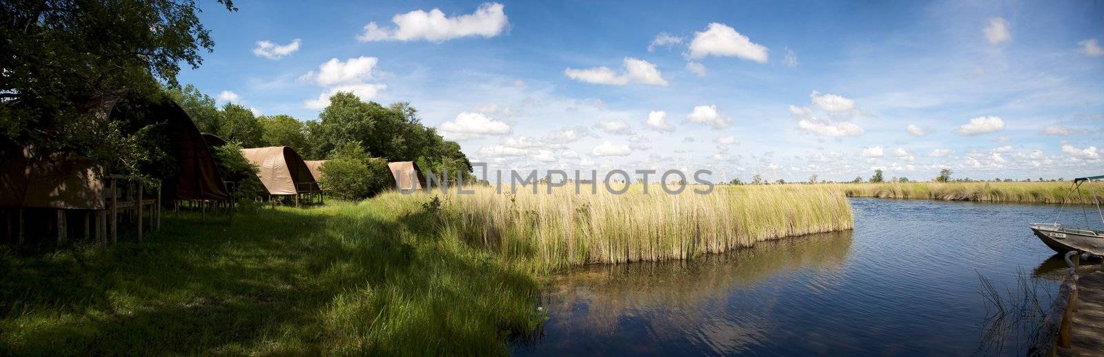 Panorama of lodge facing the river and the bush in Moremi Game Reserve