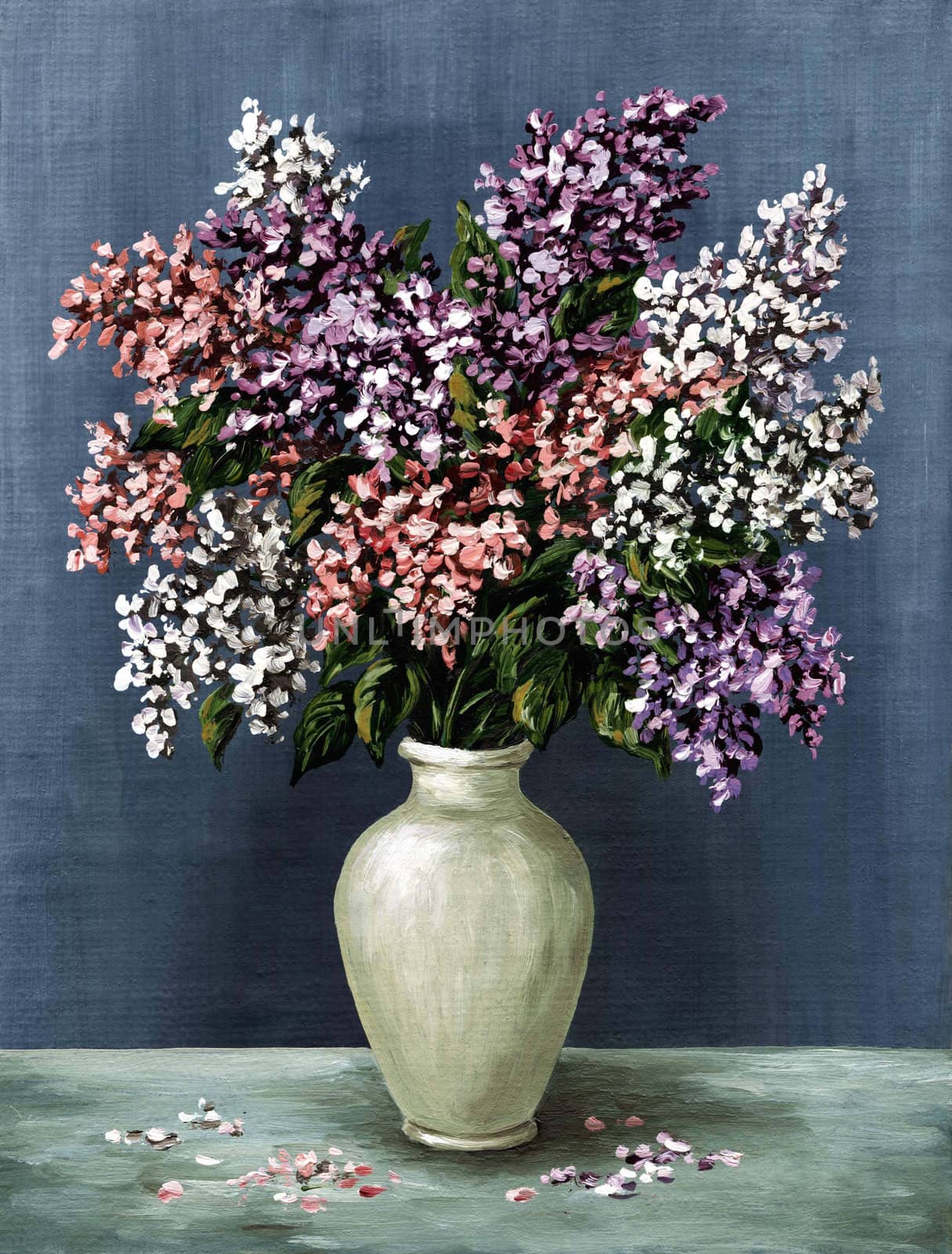 Picture oil paints on a canvas: a bouquet of lilac in a white amphora
